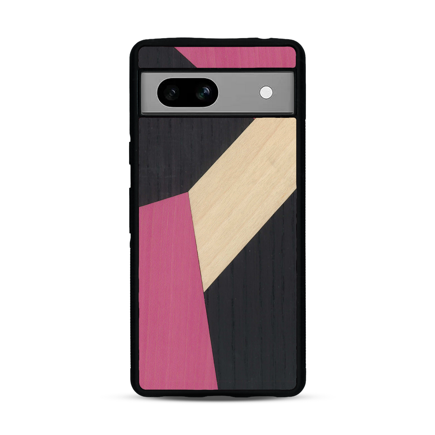 Coque de protection en bois véritable fabriquée en France pour  alliant du bambou, du tulipier rose et noir en forme de mosaïque minimaliste sur le thème de l'art abstrait