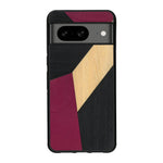 Coque de protection en bois véritable fabriquée en France pour Google Pixel 7A alliant du bambou, du tulipier rose et noir en forme de mosaïque minimaliste sur le thème de l'art abstrait