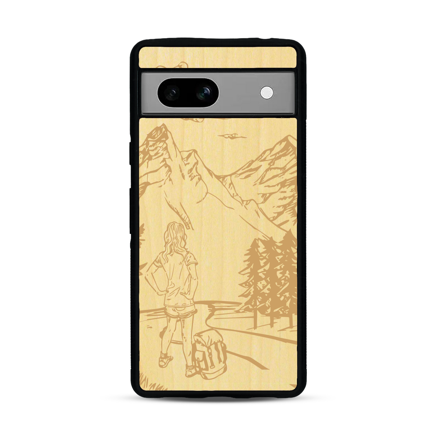 Coque de protection en bois véritable fabriquée en France pour  sur le thème de la randonnée en montagne et de l'aventure avec une gravure représentant une femme de dos face à un paysage de nature