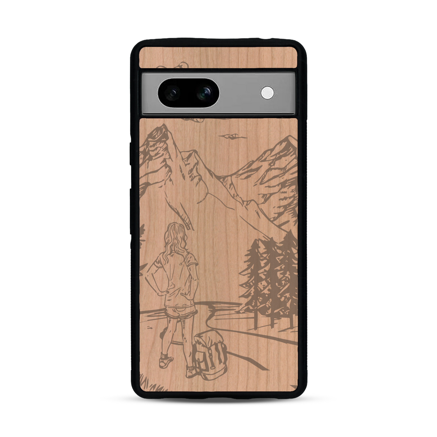 Coque de protection en bois véritable fabriquée en France pour  sur le thème de la randonnée en montagne et de l'aventure avec une gravure représentant une femme de dos face à un paysage de nature