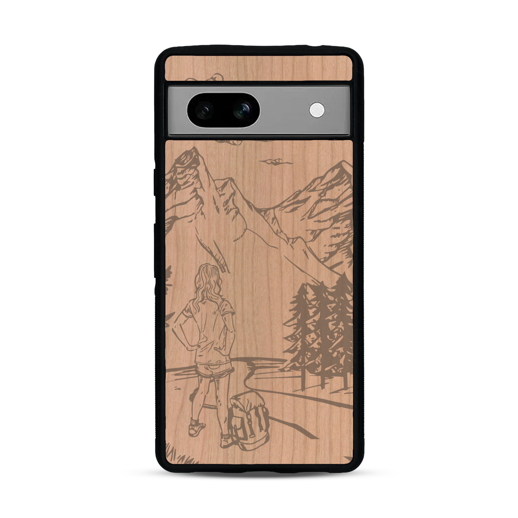 Coque de protection en bois véritable fabriquée en France pour  sur le thème de la randonnée en montagne et de l'aventure avec une gravure représentant une femme de dos face à un paysage de nature