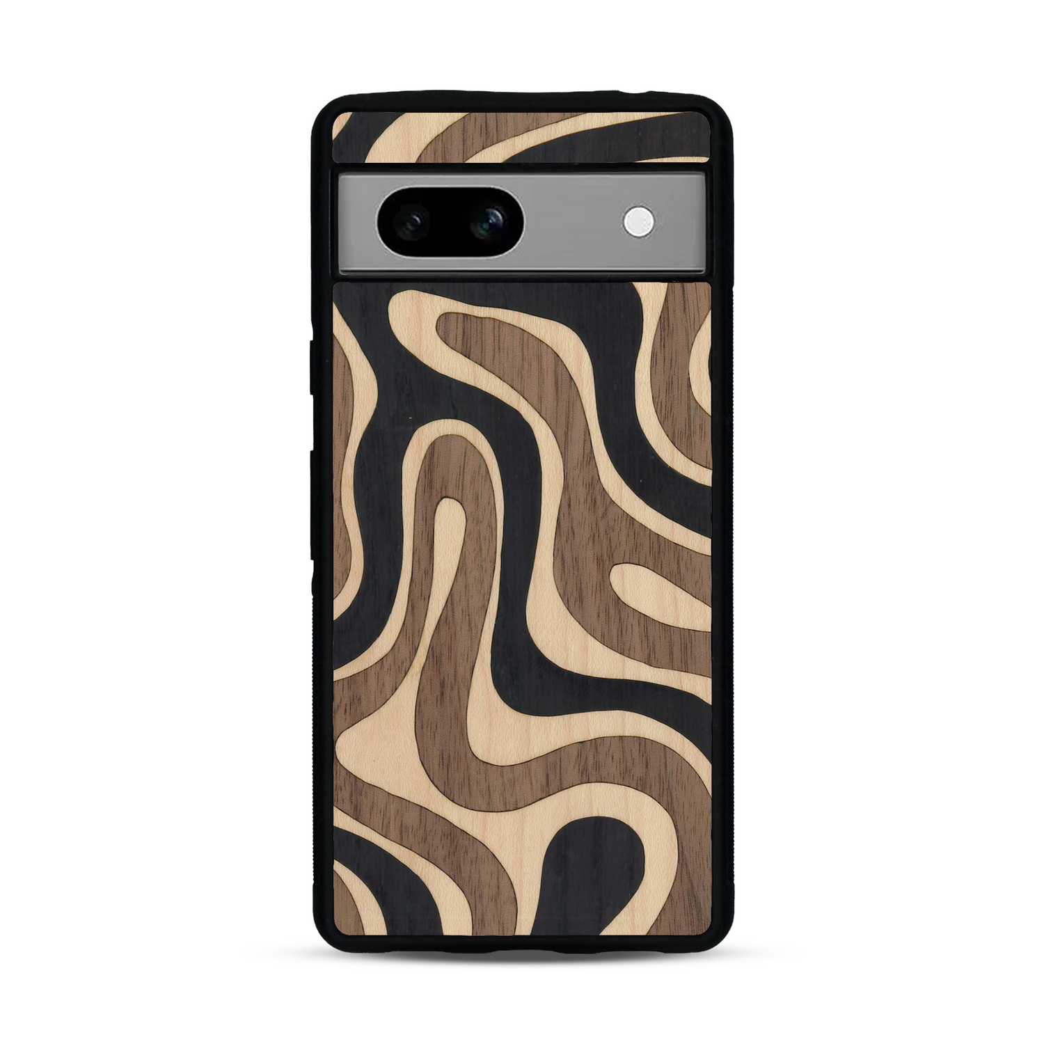 Coque de protection en bois véritable fabriquée en France pour Google Pixel 7A alliant plusieurs essences de bois pour représenter une ondulation
