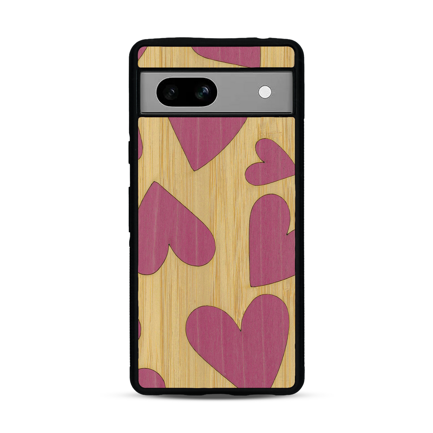 Coque de protection en bois véritable fabriquée en France pour  alliant plusieurs essences de bois pour représenter des coeurs pour les amoureux