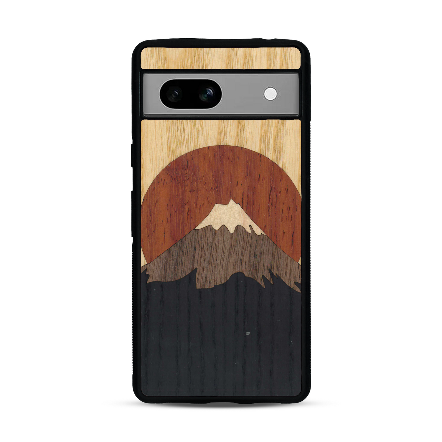 Coque de protection en bois véritable fabriquée en France pour Google Pixel 7A alliant plusieurs essences de bois pour représenter le mont Fuji