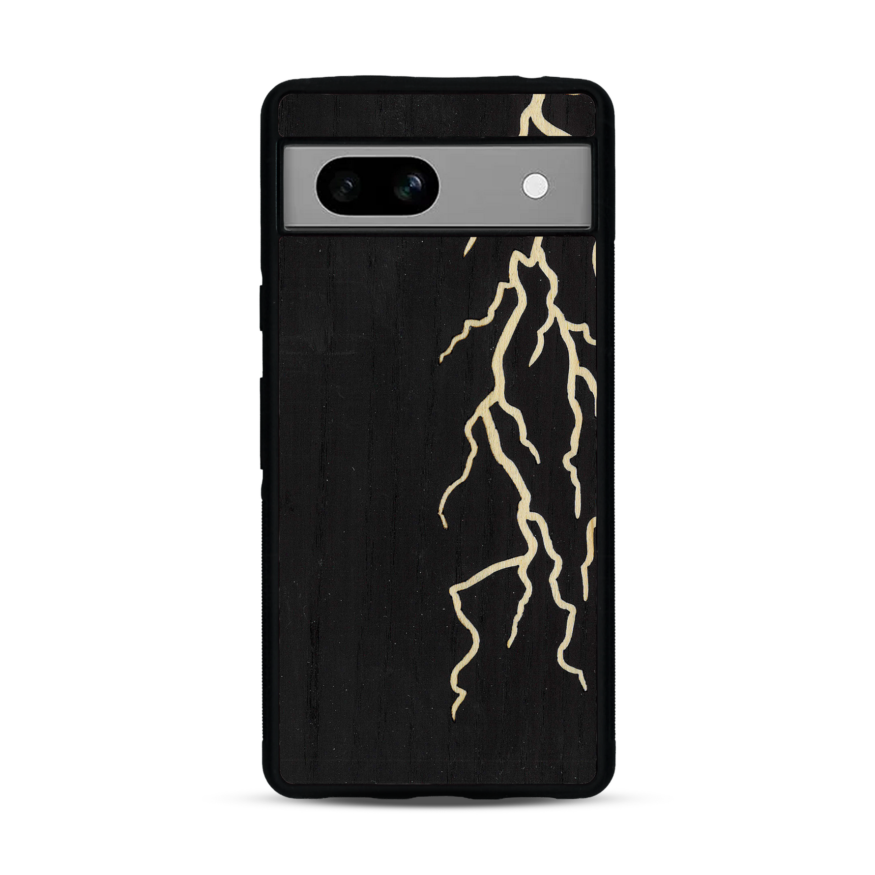 Coque de protection en bois véritable fabriquée en France pour Google Pixel 7A alliant plusieurs essences de bois pour représenter un éclair divin