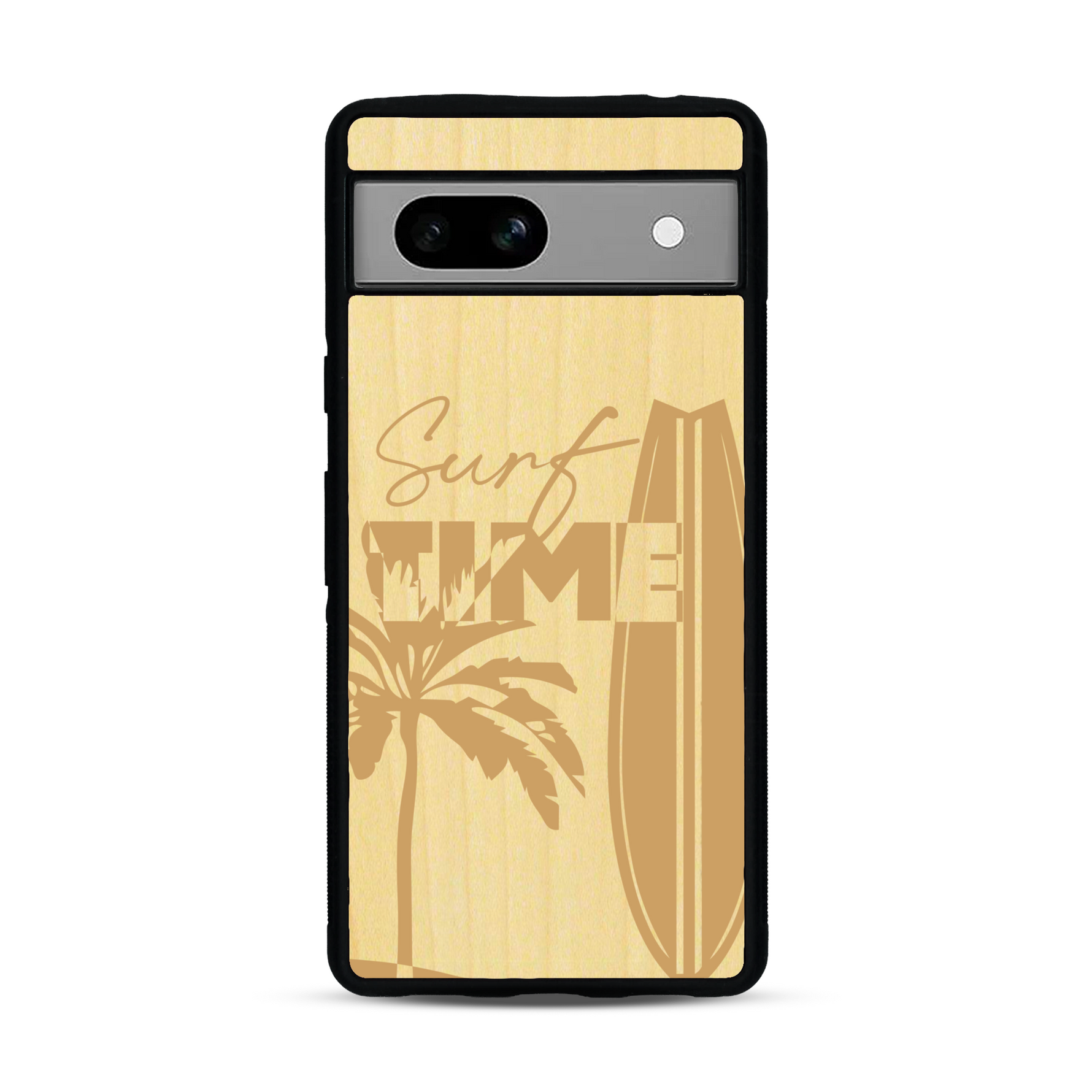 Coque de protection en bois véritable fabriquée en France pour  sur le thème chill avec un motif représentant une silouhette tenant une planche de surf sur une plage entouré de palmiers et les mots "Surf Time Long Beach Miami"