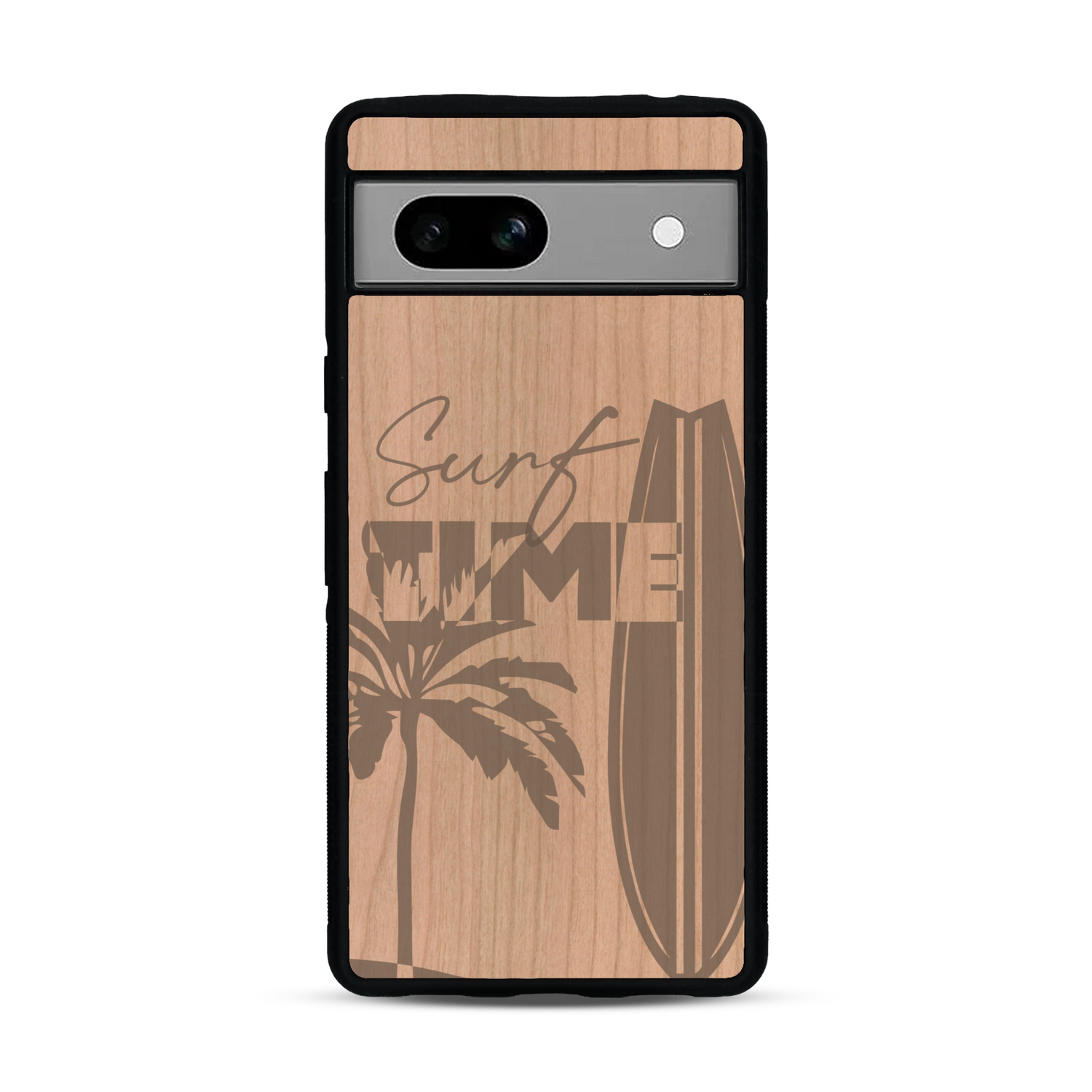 Coque de protection en bois véritable fabriquée en France pour  sur le thème chill avec un motif représentant une silouhette tenant une planche de surf sur une plage entouré de palmiers et les mots "Surf Time Long Beach Miami"