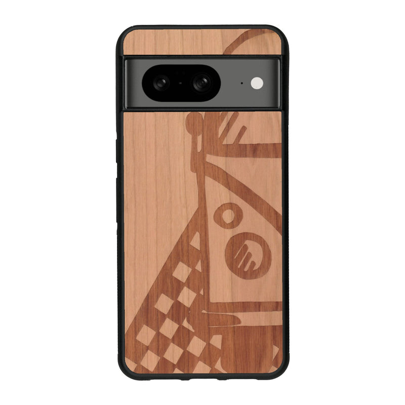 Coque de protection en bois véritable fabriquée en France pour Google Pixel 7A sur le thème du voyage avec un van combi