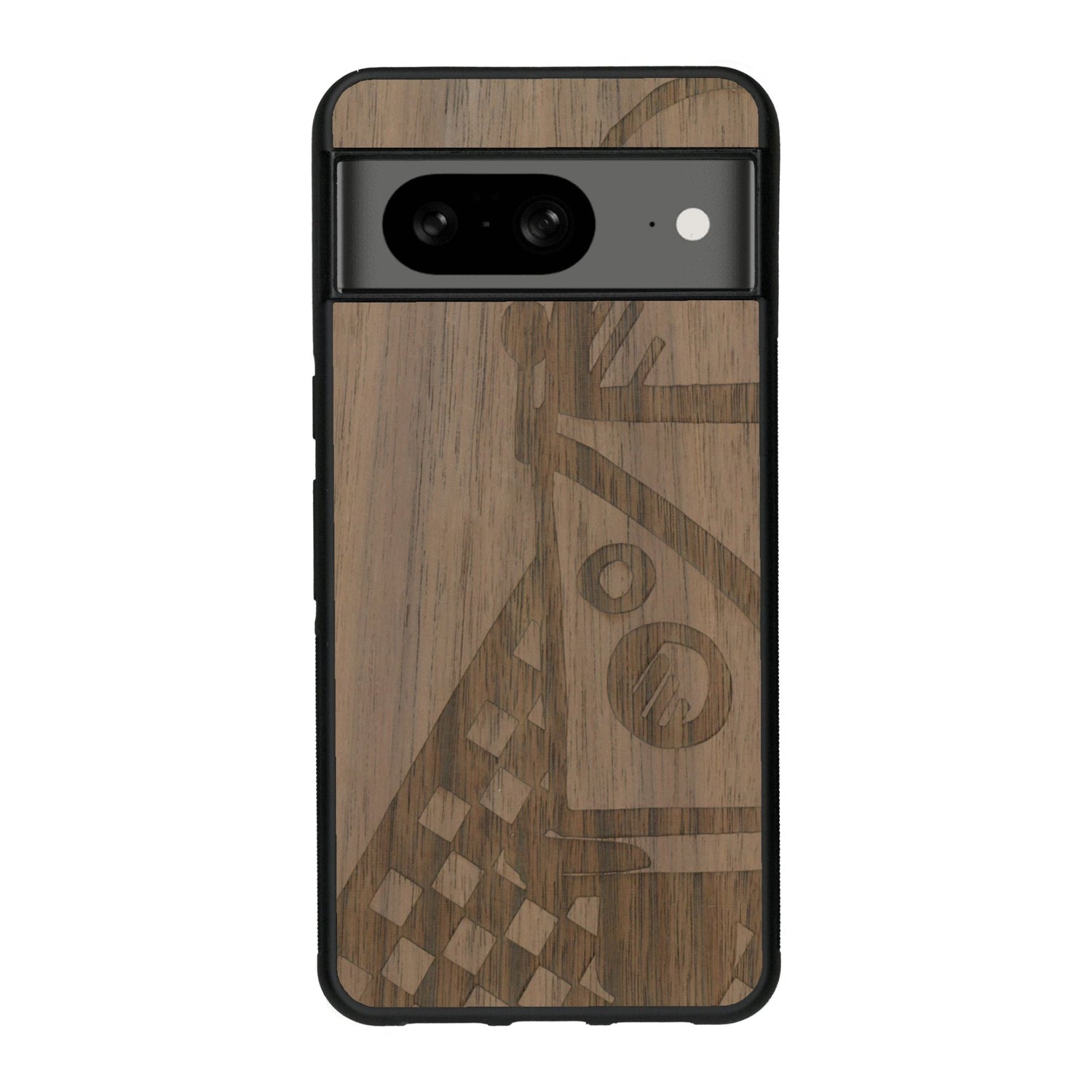 Coque de protection en bois véritable fabriquée en France pour Google Pixel 7A sur le thème du voyage avec un van combi