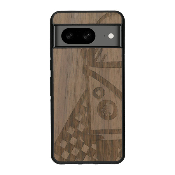 Coque de protection en bois véritable fabriquée en France pour Google Pixel 7A sur le thème du voyage avec un van combi