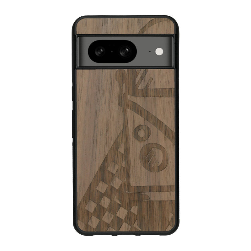 Coque de protection en bois véritable fabriquée en France pour Google Pixel 7A sur le thème du voyage avec un van combi