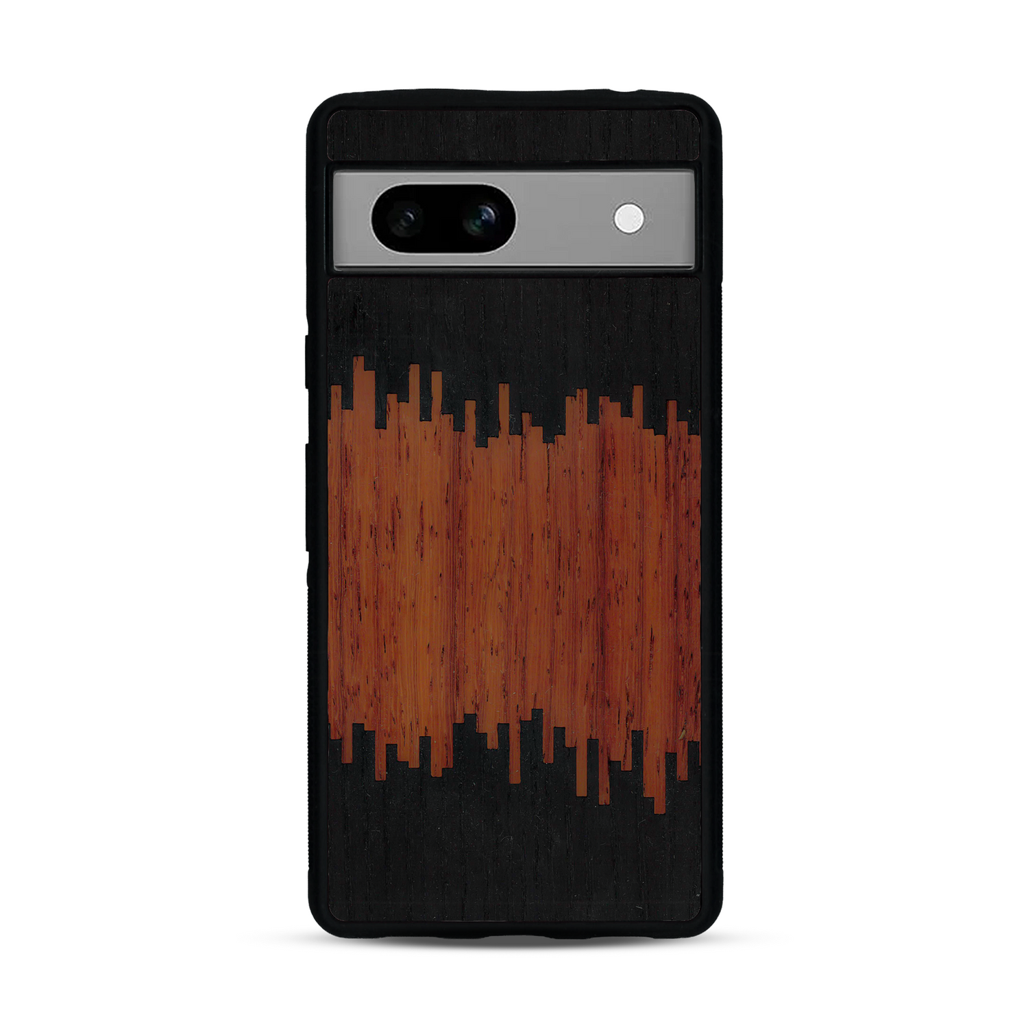 Coque de protection en bois véritable fabriquée en France pour Google Pixel 7A alliant plusieurs essences de bois pour représenter du magma en fusion