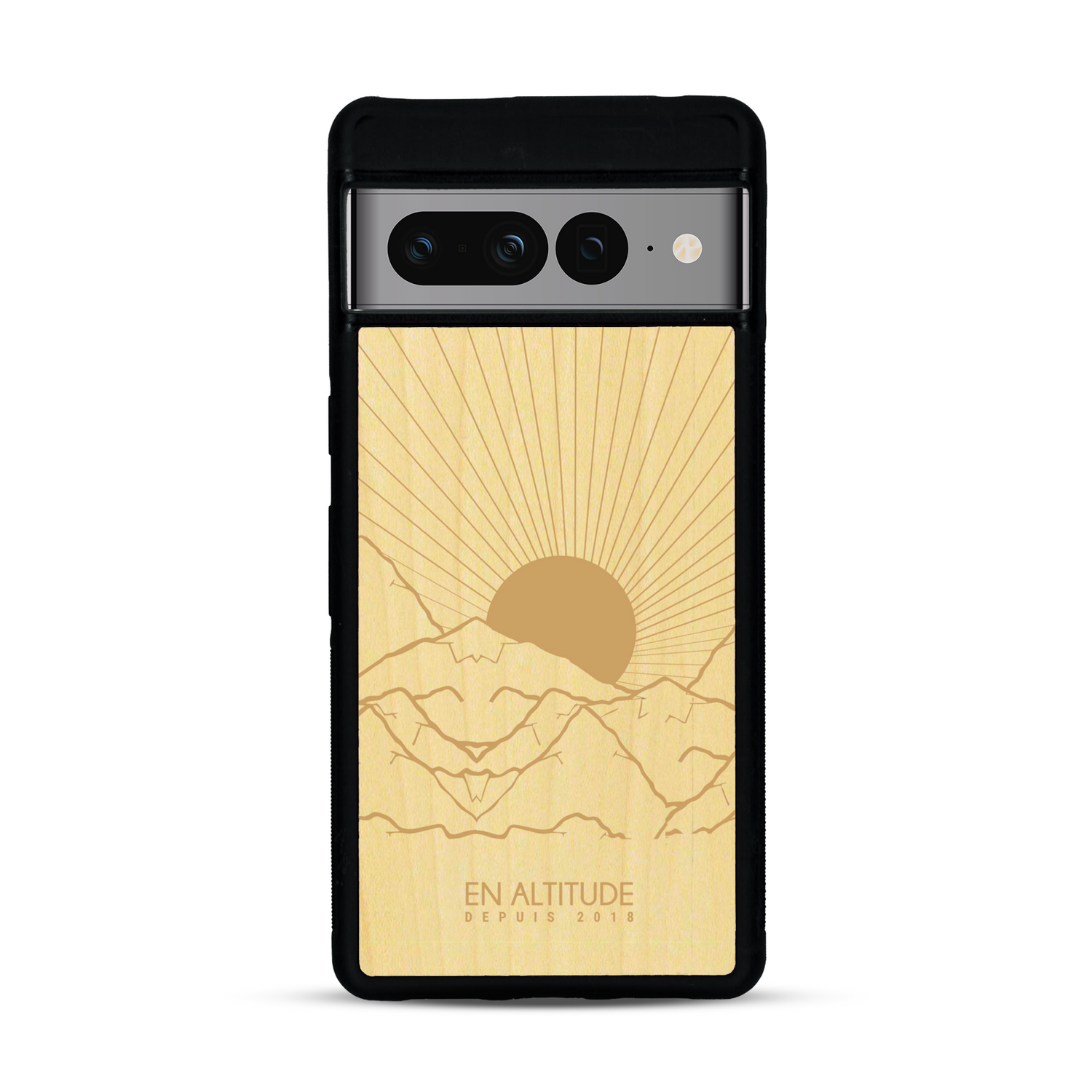 Coque de protection en bois véritable fabriquée en France pour  représentant des montagnes, sur le thème de la randonnée en pleine nature et du trail