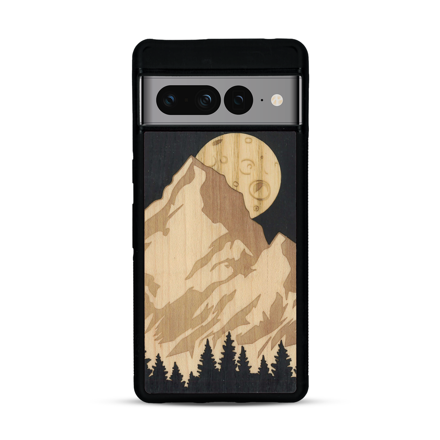 Coque de protection en bois véritable fabriquée en France pour Google Pixel 7pro alliant plusieurs essences de bois pour représenter le mont Everest