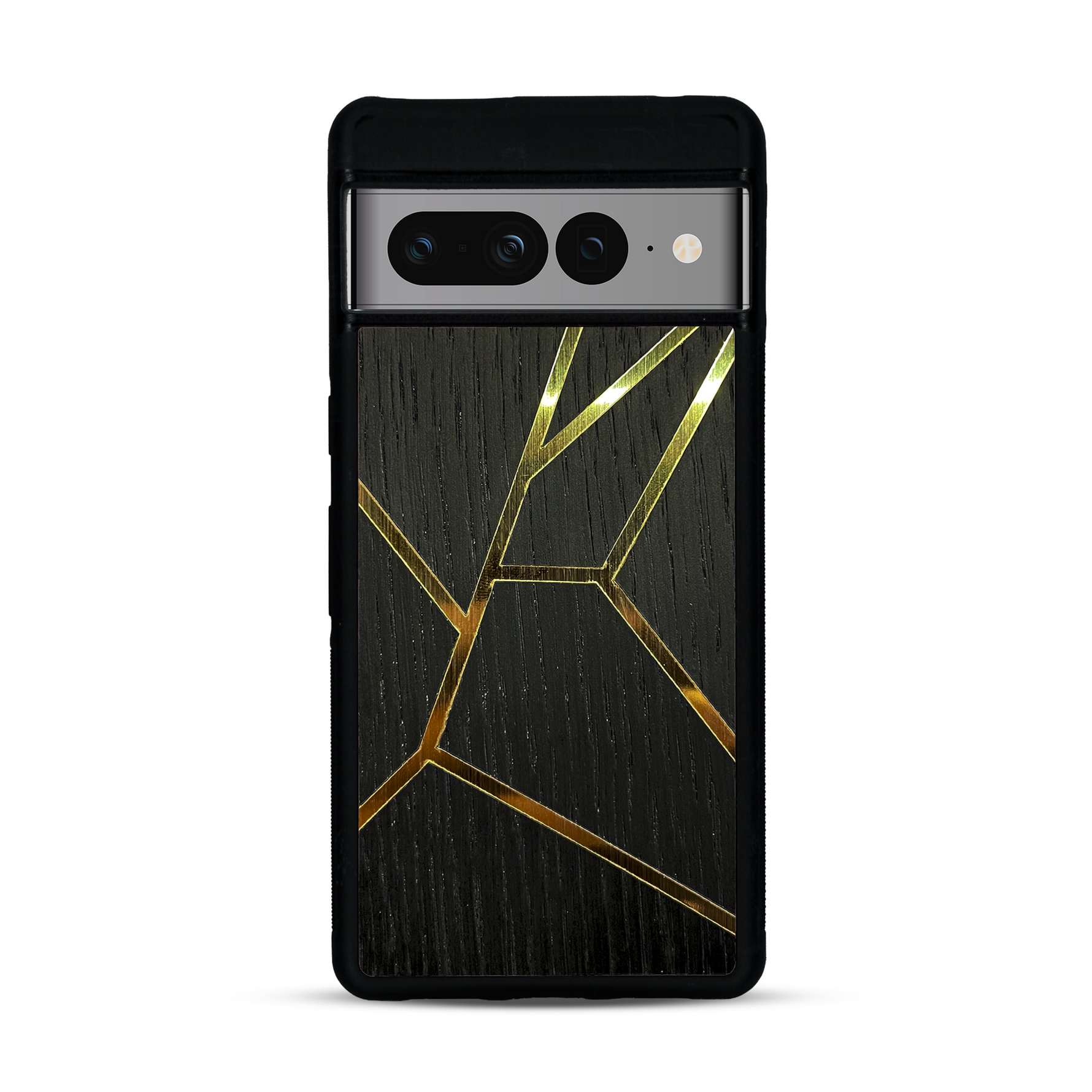 Coque de protection en bois véritable fabriquée en France pour Google Pixel 7pro alliant plusieurs essences de bois pour représenter des fragments design