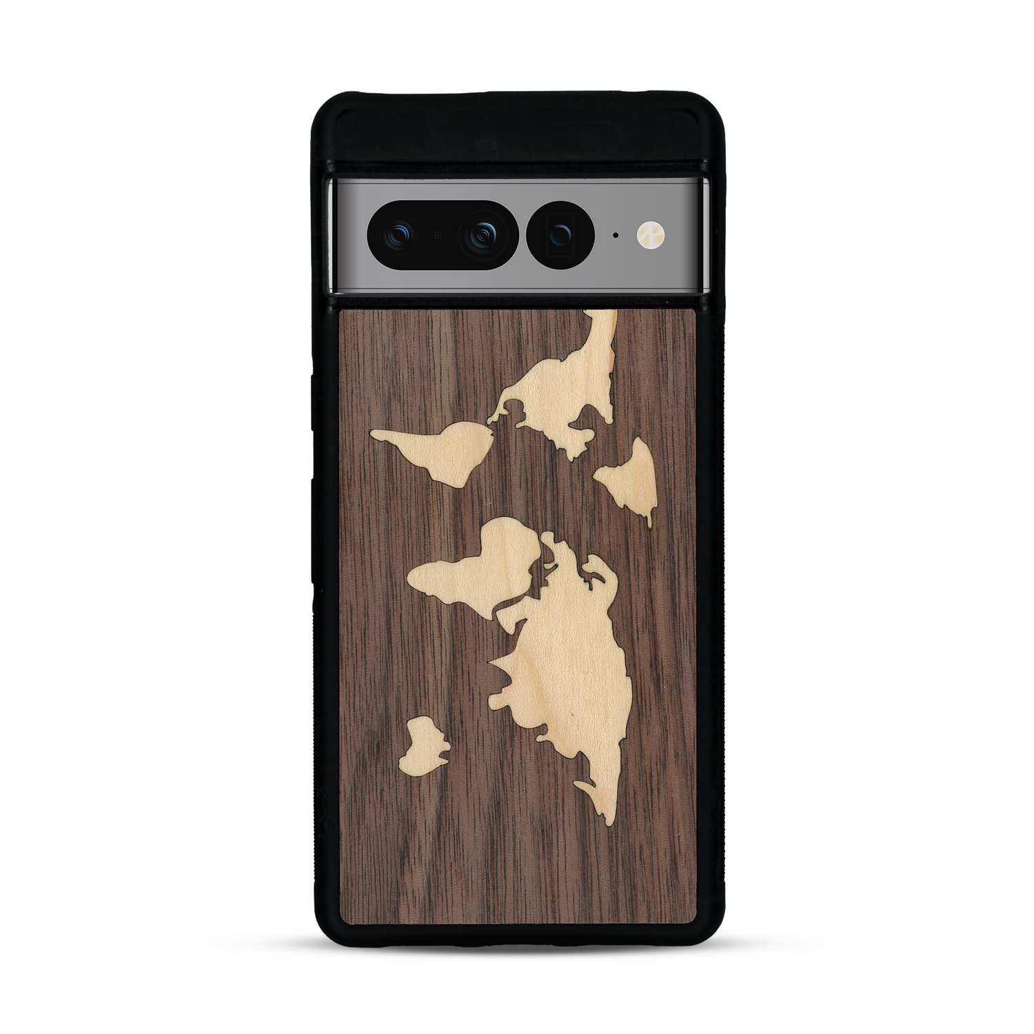 Coque de protection en bois véritable fabriquée en France pour  alliant du bambou et du noyer sur le thème du voyage et de l'aventure représentant une mappemonde