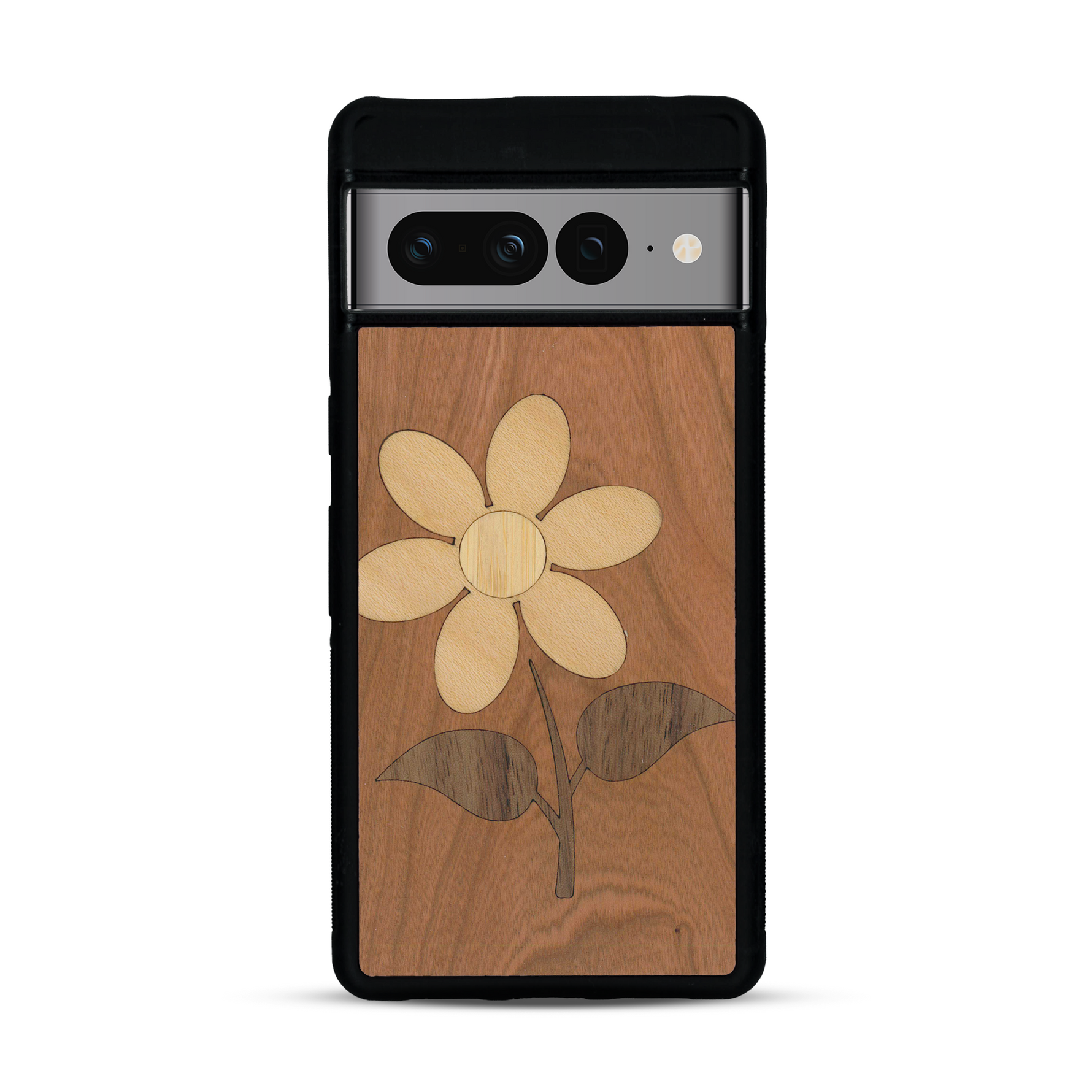 Coque de protection en bois véritable fabriquée en France pour  alliant plusieurs essences de bois pour représenter une marguerite