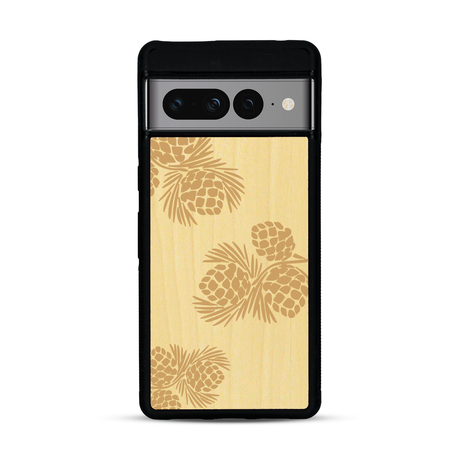 Coque de protection en bois véritable fabriquée en France pour  sur le thème de la nature des arbres avec un motif de gravure représentant des épines de sapin et des pommes de pin