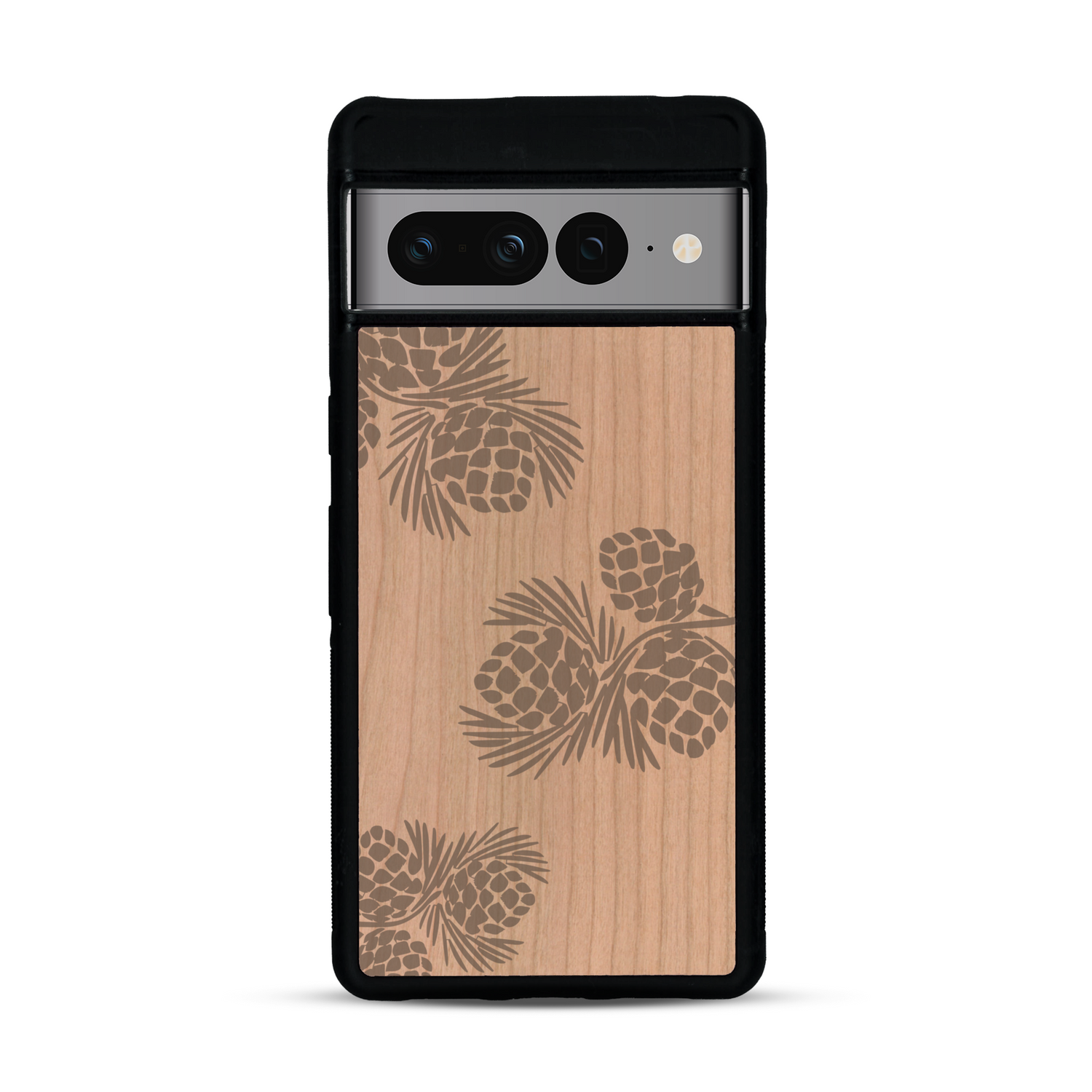 Coque de protection en bois véritable fabriquée en France pour  sur le thème de la nature des arbres avec un motif de gravure représentant des épines de sapin et des pommes de pin
