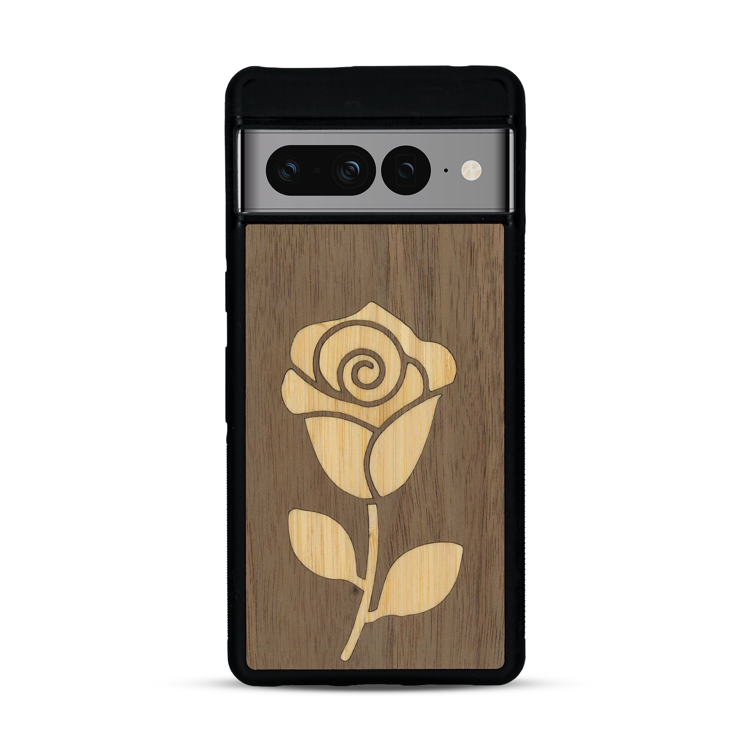 Coque de protection en bois véritable fabriquée en France pour  alliant plusieurs essences de bois pour représenter une rose