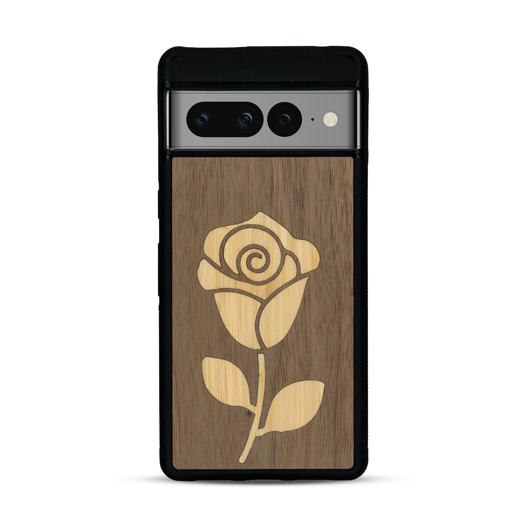 Coque de protection en bois véritable fabriquée en France pour  alliant plusieurs essences de bois pour représenter une rose