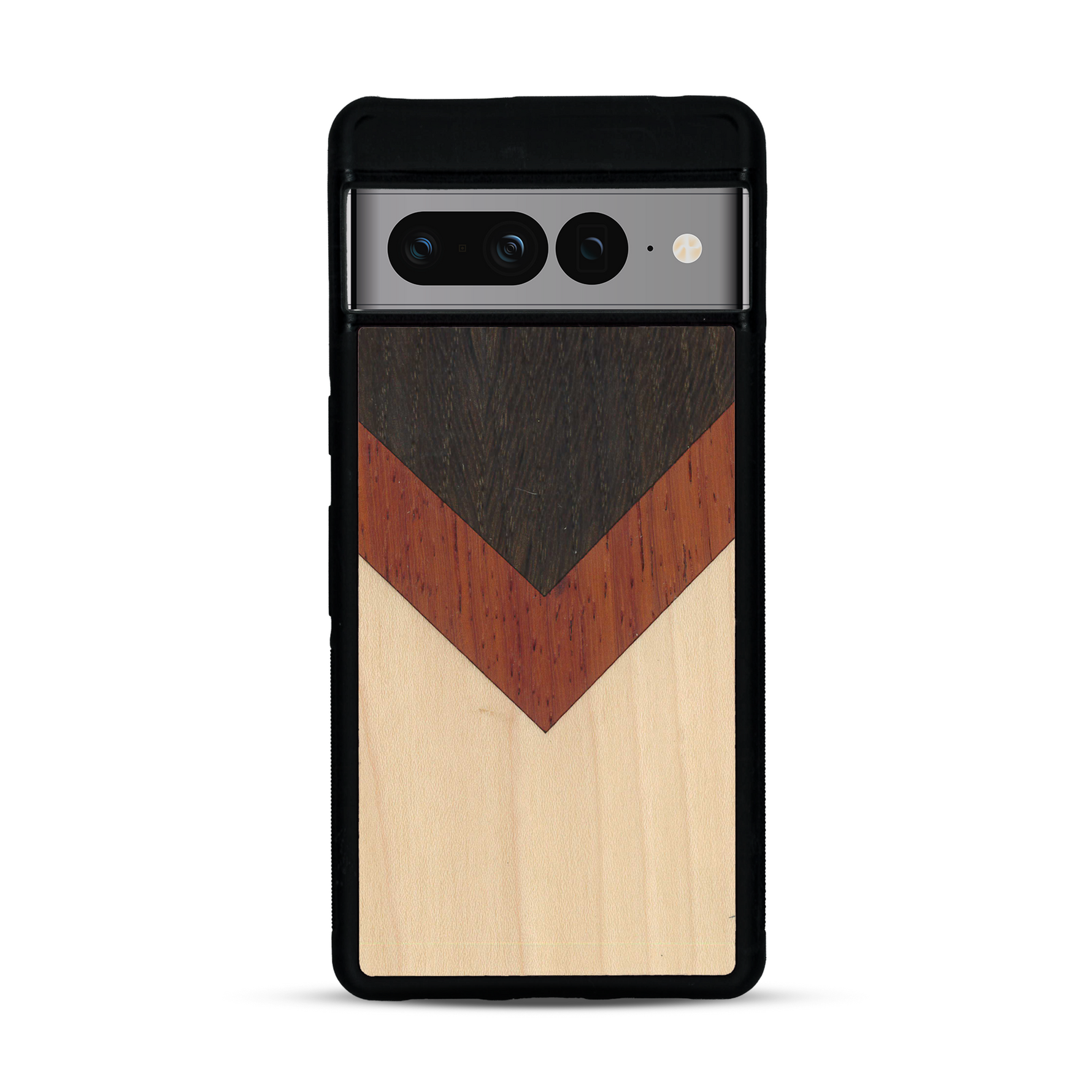 Coque de protection en bois véritable fabriquée en France pour  alliant du chêne fumé, du padouk et du bambou en forme de chevron sur le thème de l'art abstrait