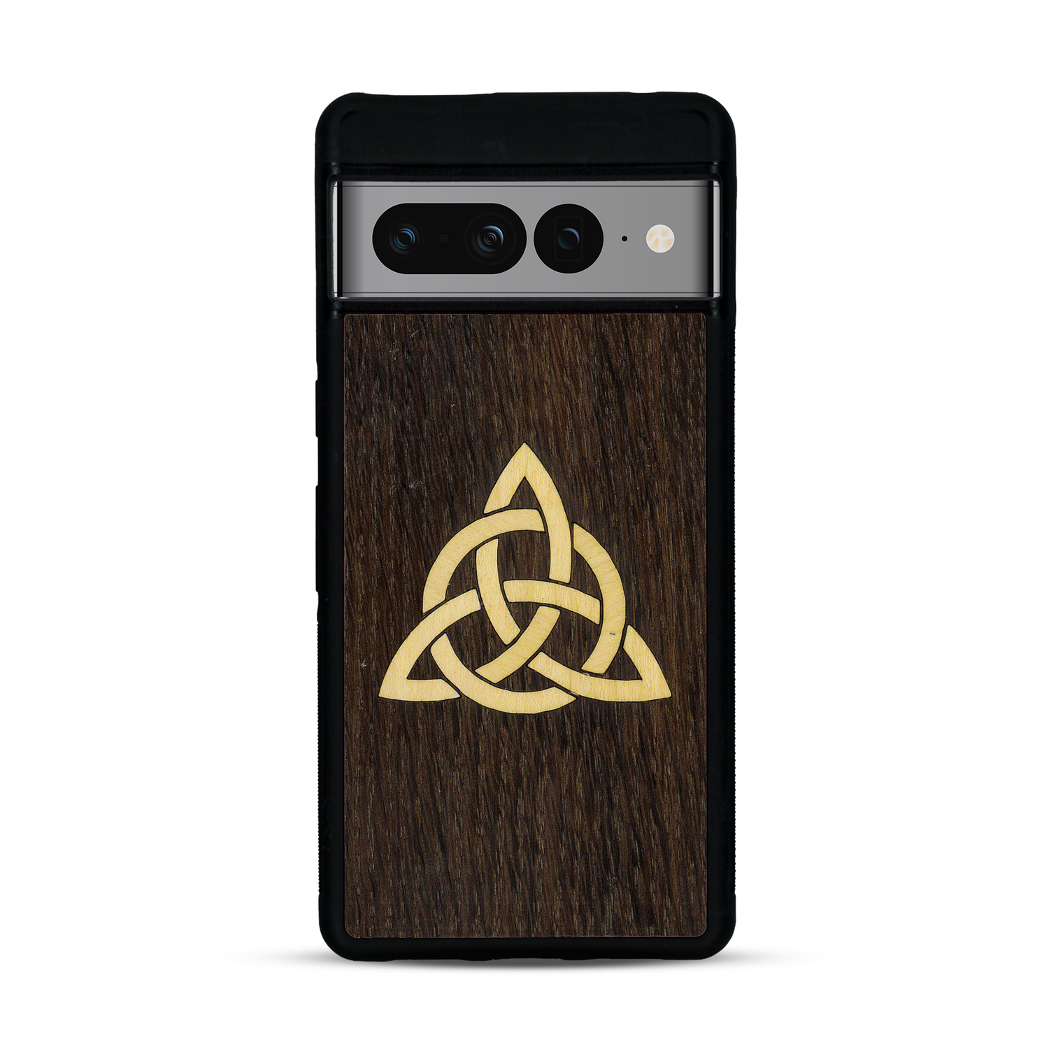 Coque de protection en bois véritable fabriquée en France pour  alliant du chêne fumé et du bambou représentant une triquetra