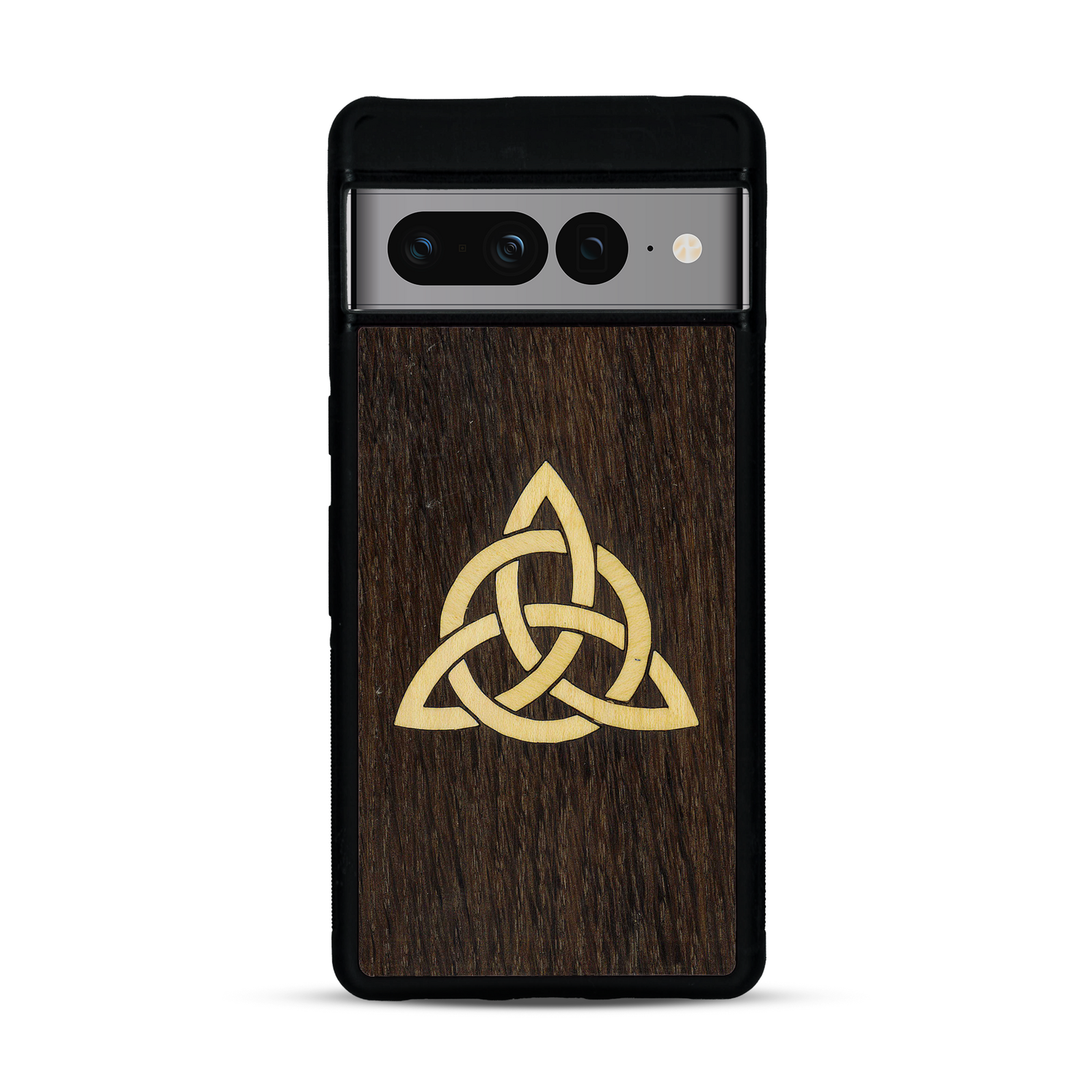 Coque de protection en bois véritable fabriquée en France pour  alliant du chêne fumé et du bambou représentant une triquetra