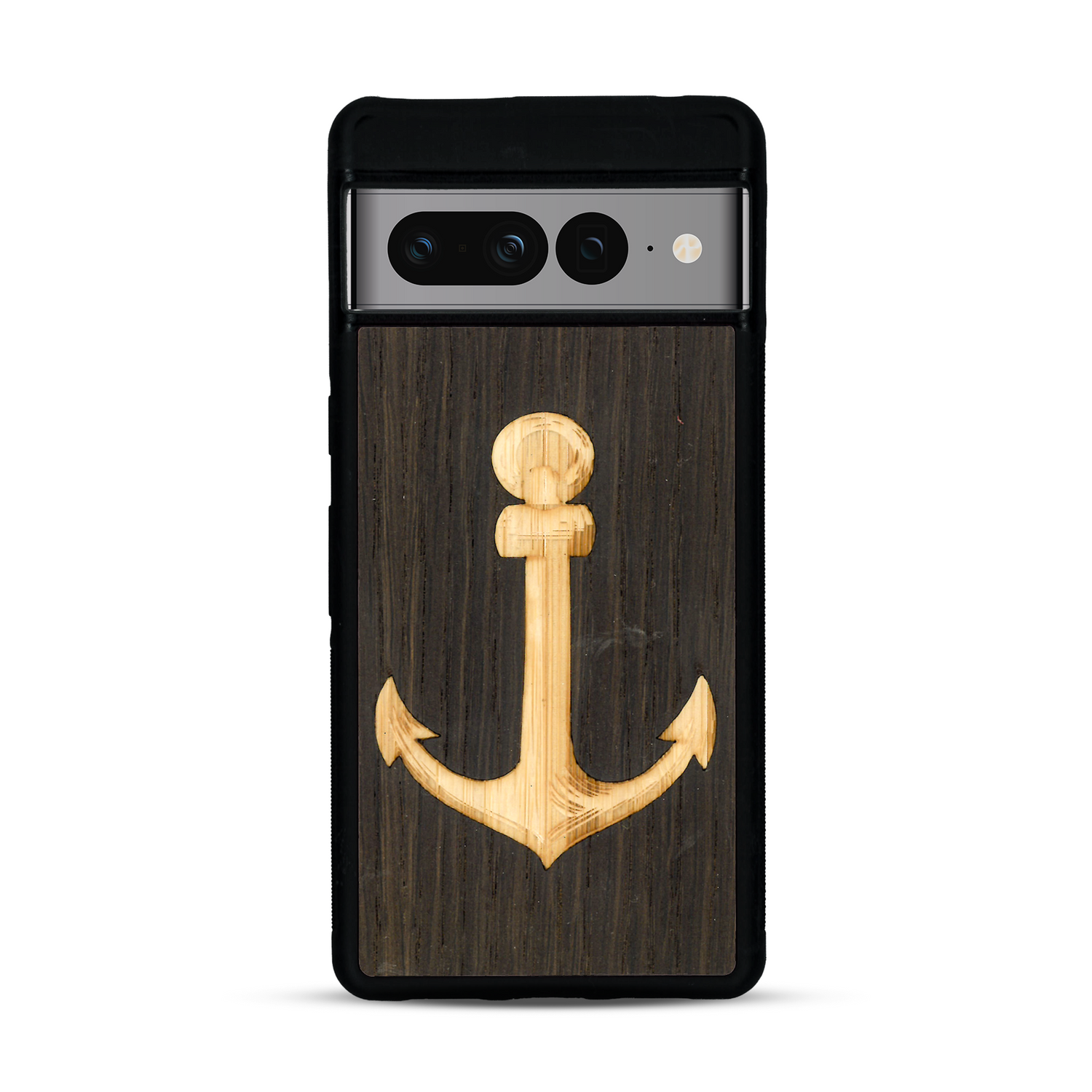 Coque de protection en bois véritable fabriquée en France pour  sur le thème nautique avec un bois clair et un bois foncé représentant une ancre de bateau