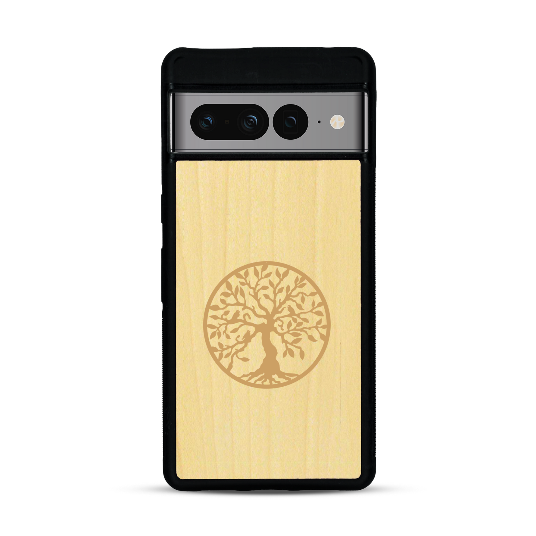 Coque de protection en bois véritable fabriquée en France pour  sur le thème de la spiritualité et du yoga avec une gravure zen représentant un arbre de vie