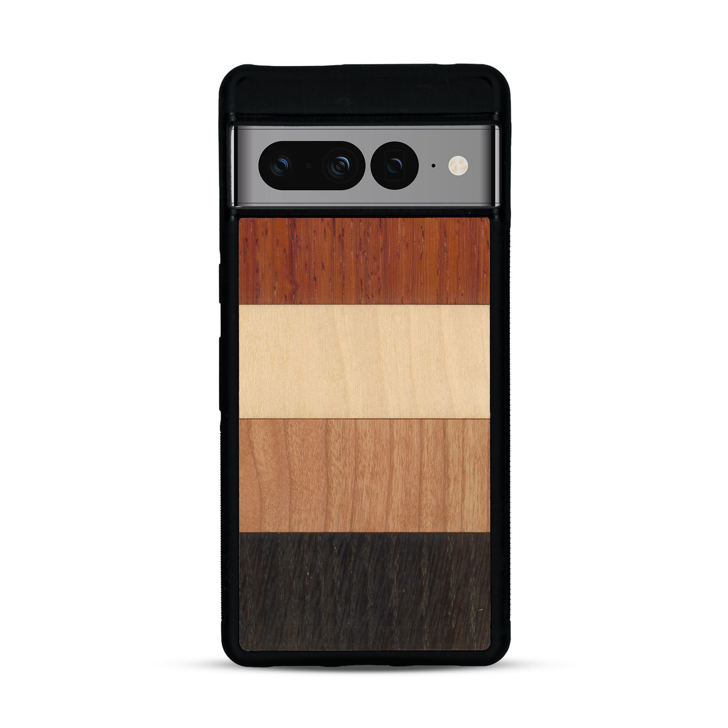Coque de protection en bois véritable fabriquée en France pour  alliant des bandes horizontales de bambou, merisier, padouk, noyer et chêne fumé