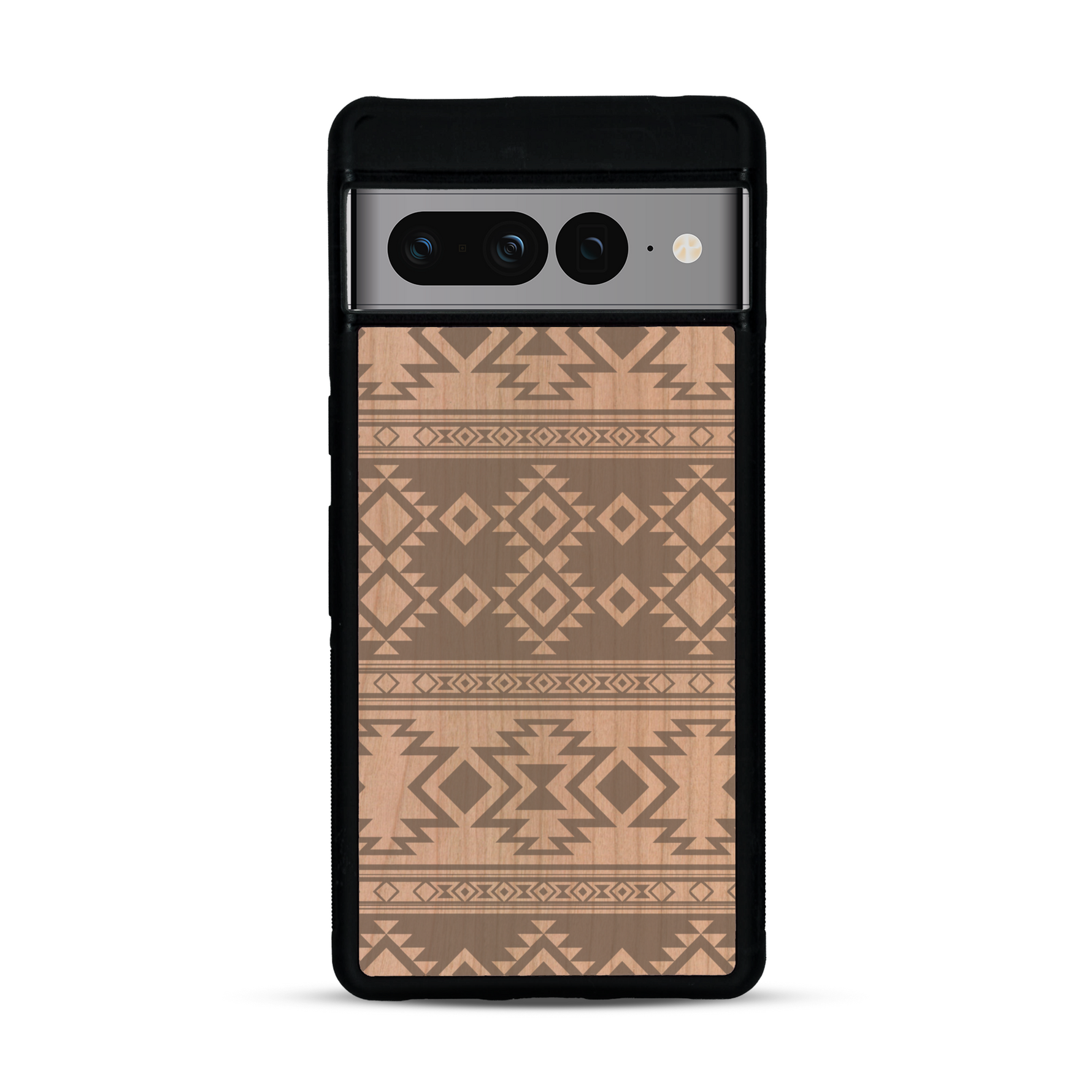 Coque de protection en bois véritable fabriquée en France pour  avec des motifs géométriques s'inspirant des temples aztèques, mayas et incas