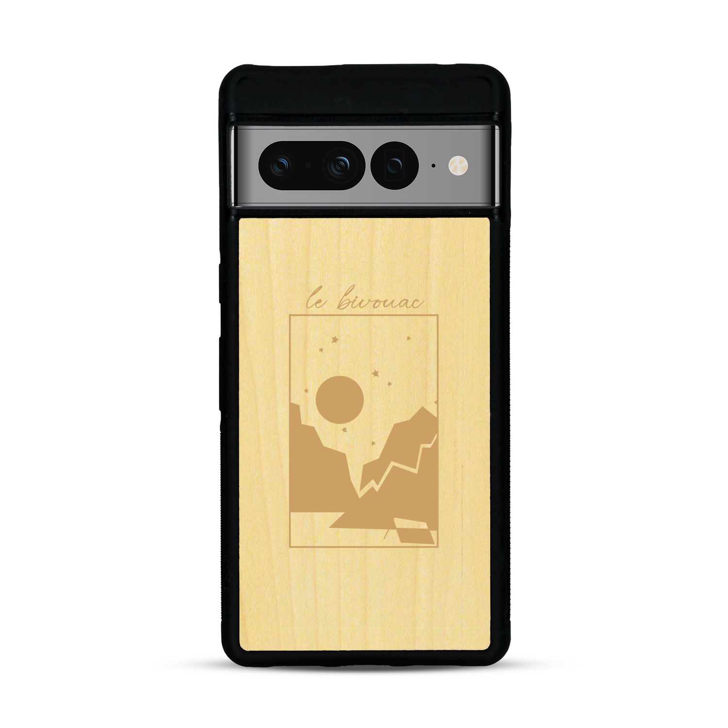 Coque de protection en bois véritable fabriquée en France pour  sur le thème du camping en pleine nature et du bivouac avec la phrase "Aventure is out there"