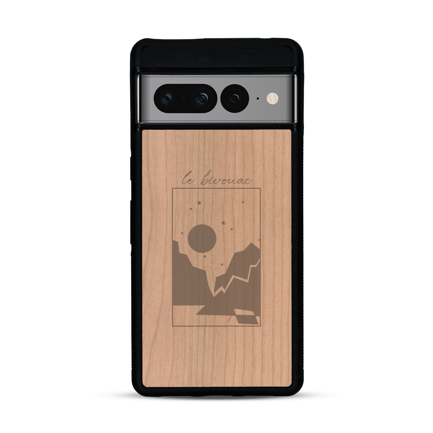 Coque de protection en bois véritable fabriquée en France pour  sur le thème du camping en pleine nature et du bivouac avec la phrase "Aventure is out there"