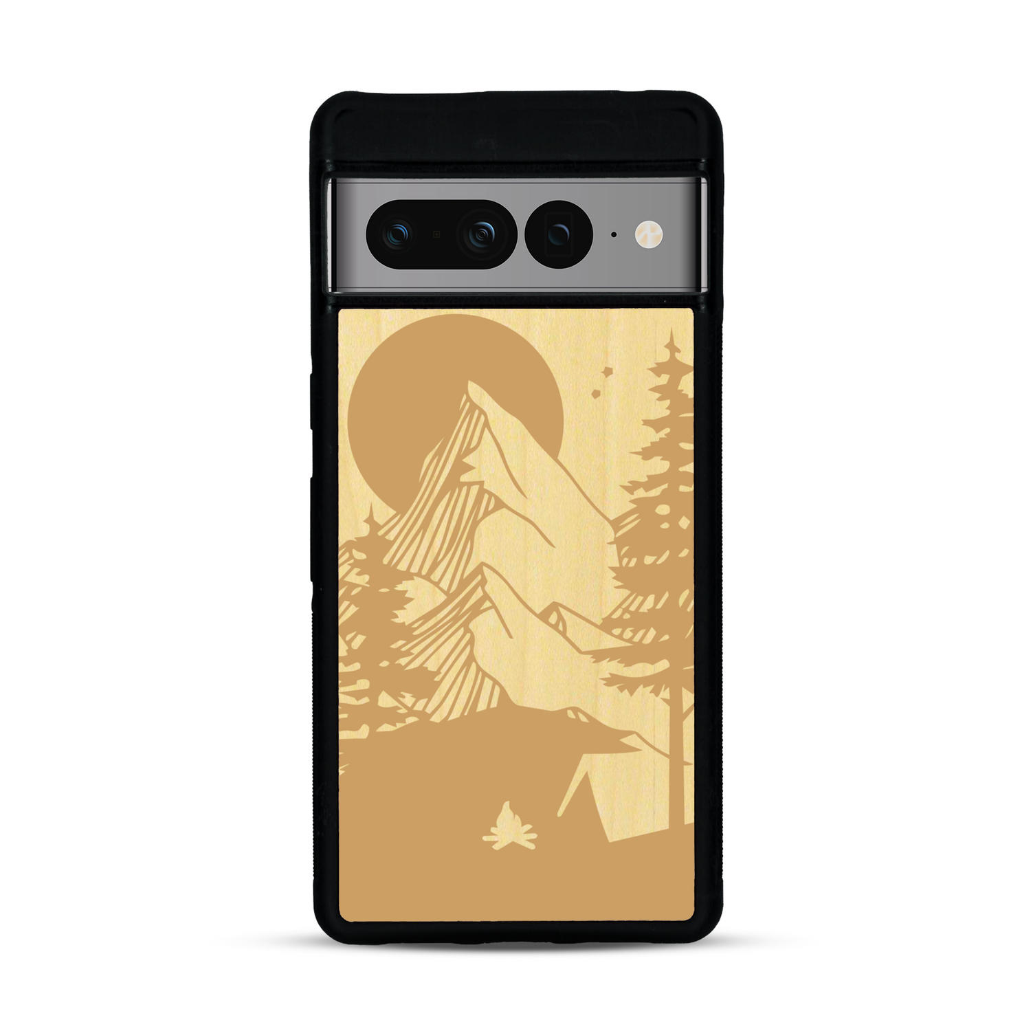 Coque de protection en bois véritable fabriquée en France pour  sur le thème du camping en pleine nature représentant une tente avec un feu de camp entouré de montagnes