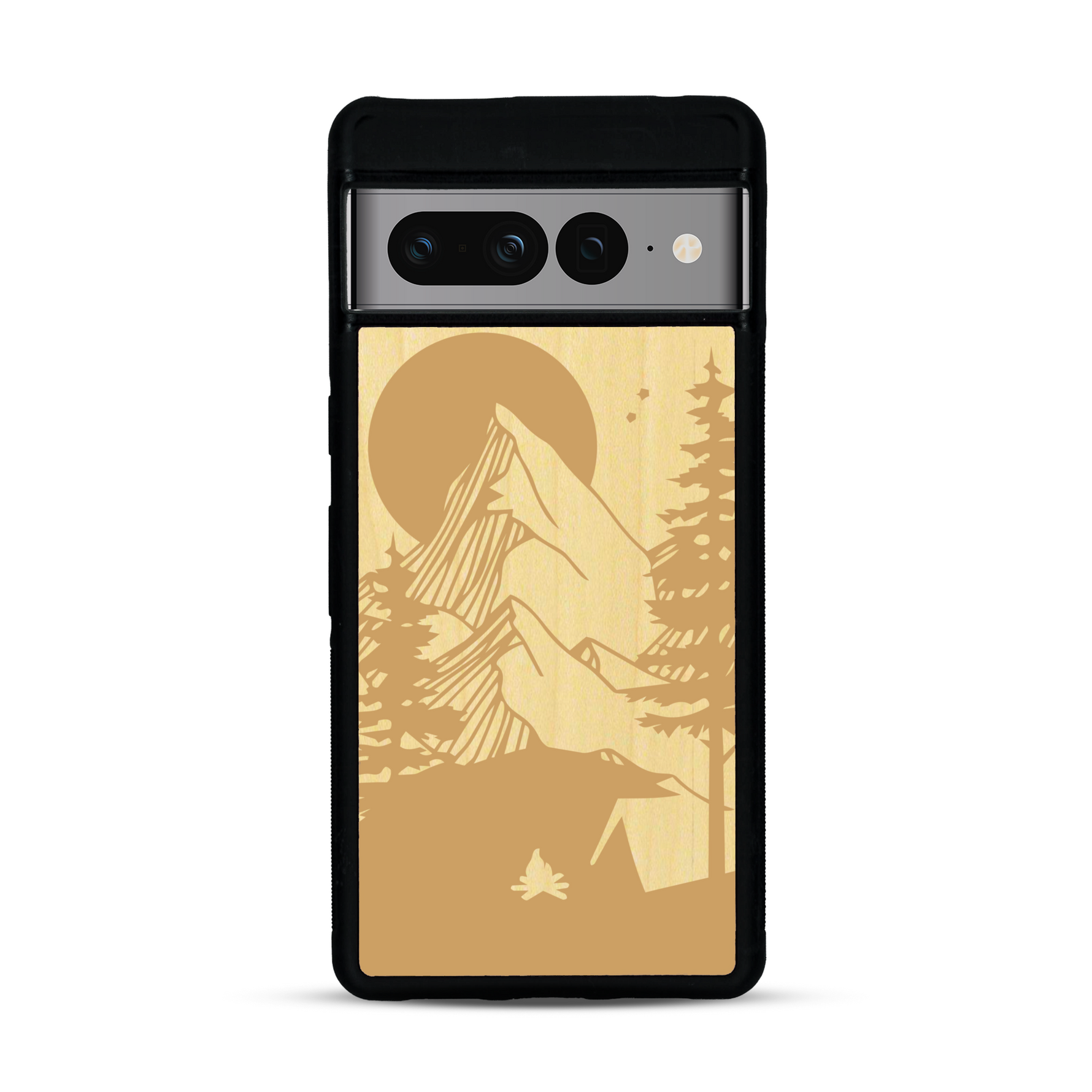 Coque de protection en bois véritable fabriquée en France pour  sur le thème du camping en pleine nature représentant une tente avec un feu de camp entouré de montagnes
