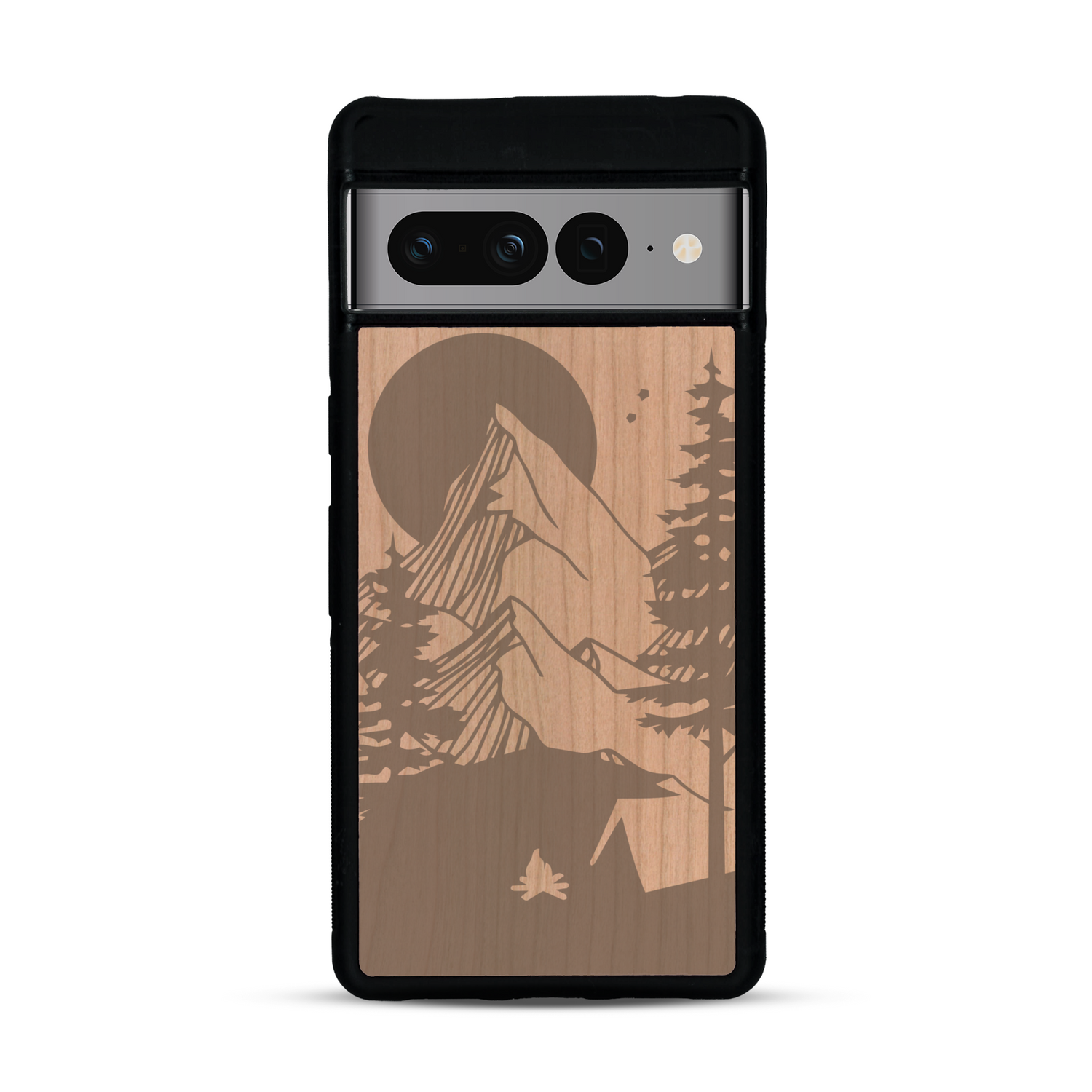 Coque de protection en bois véritable fabriquée en France pour  sur le thème du camping en pleine nature représentant une tente avec un feu de camp entouré de montagnes