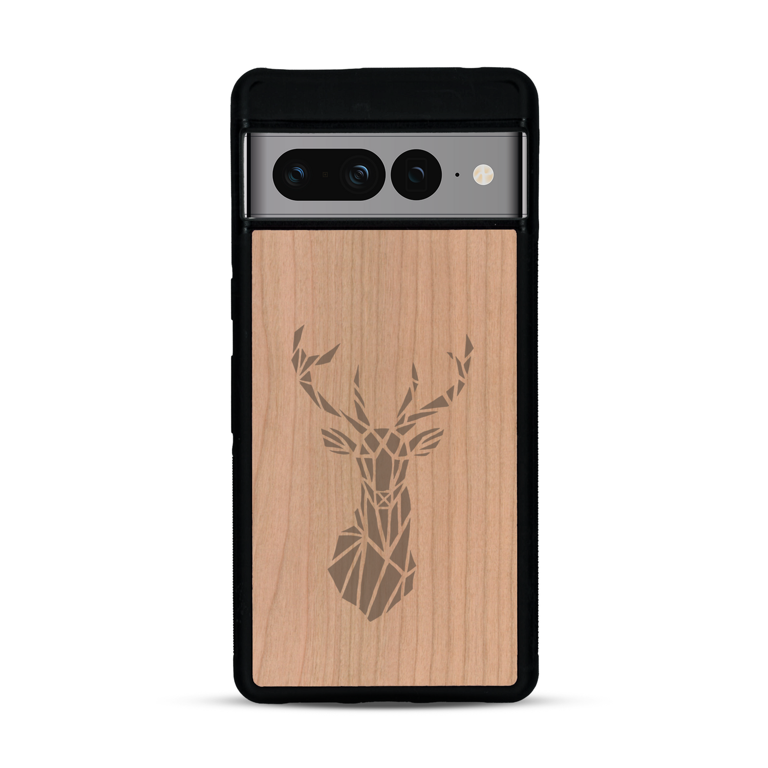 Coque de protection en bois véritable fabriquée en France pour  sur le thème de la nature et des animaux représentant une tête de cerf gométrique avec un design moderne et minimaliste