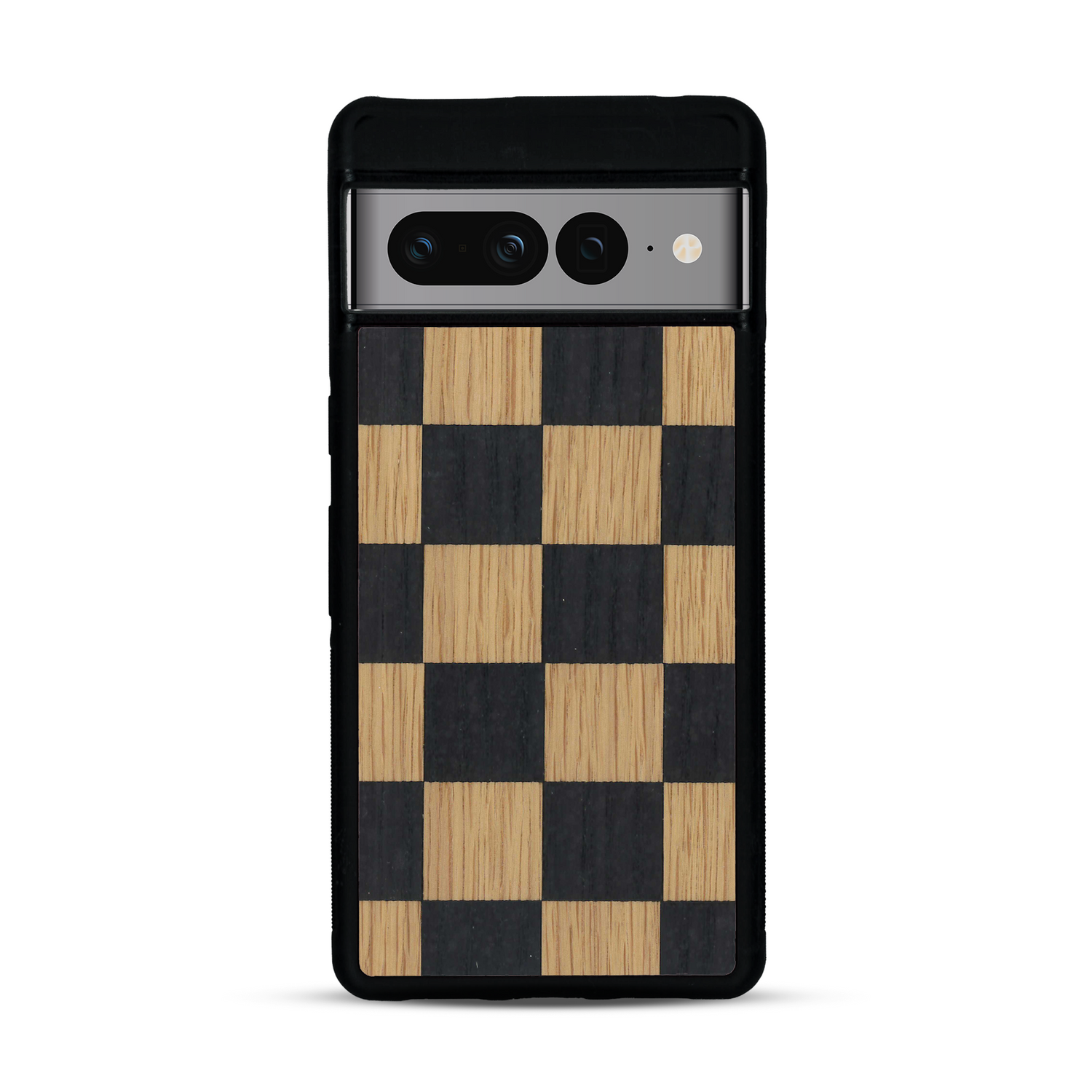 Coque de protection en bois véritable fabriquée en France pour  alliant plusieurs essences de bois pour représenter un damier