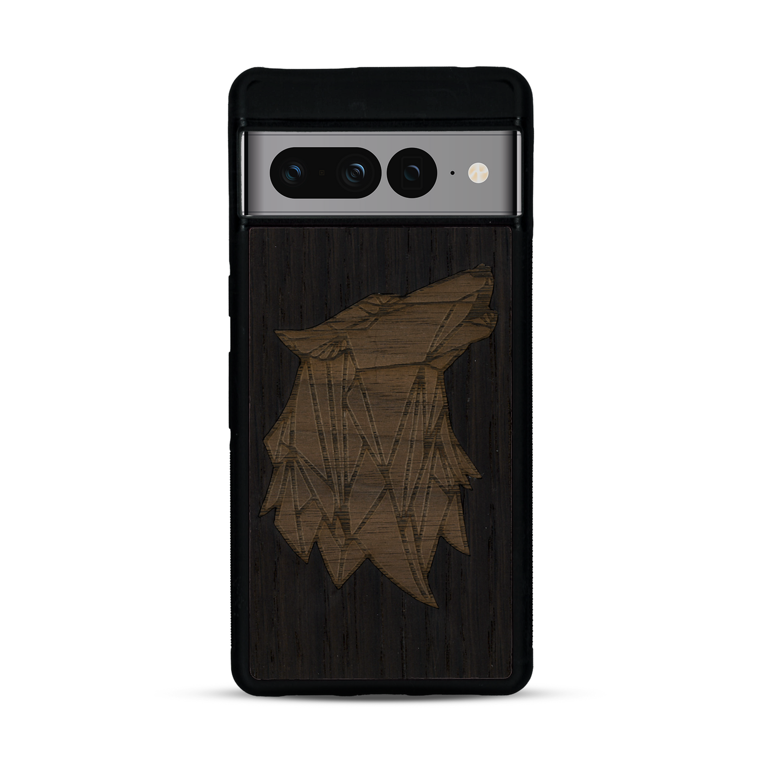 Coque de protection en bois véritable fabriquée en France pour  alliant du chêne fumé et du noyer représentant une tête de loup géométrique de profil sur le thème des animaux et de la nature