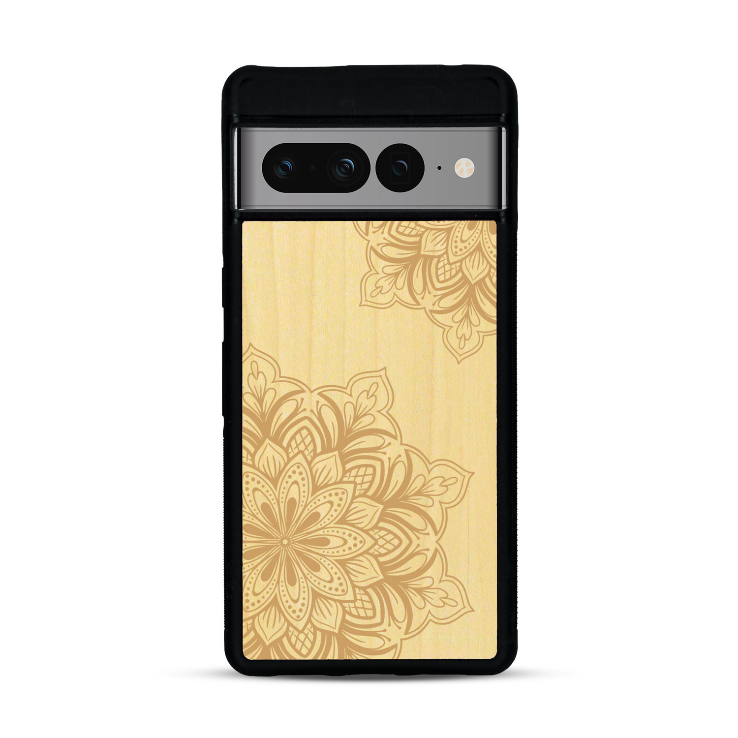 Coque de protection en bois véritable fabriquée en France pour  sur le thème de la bohème et du tatouage au henné avec une gravure représentant un mandala