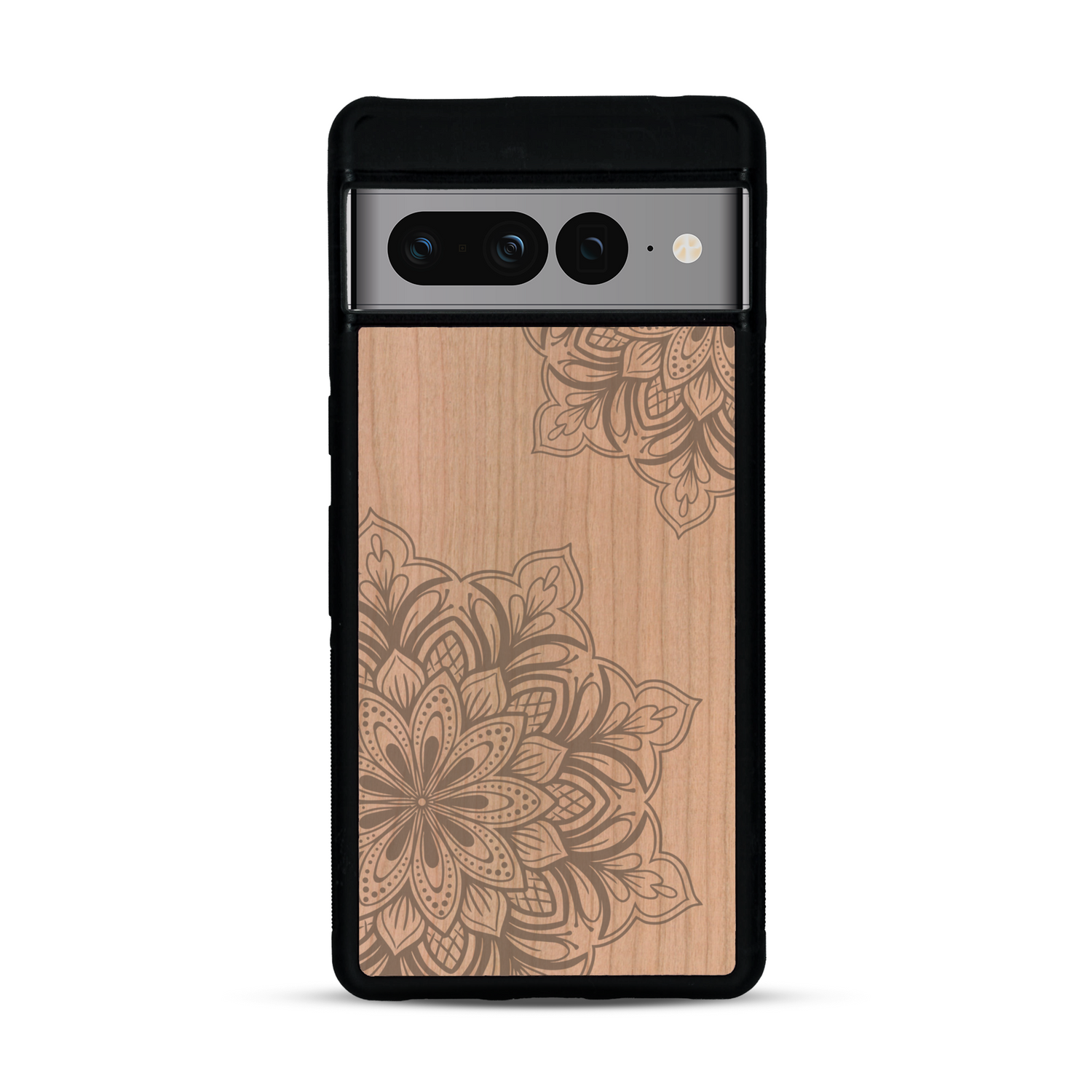 Coque de protection en bois véritable fabriquée en France pour  sur le thème de la bohème et du tatouage au henné avec une gravure représentant un mandala
