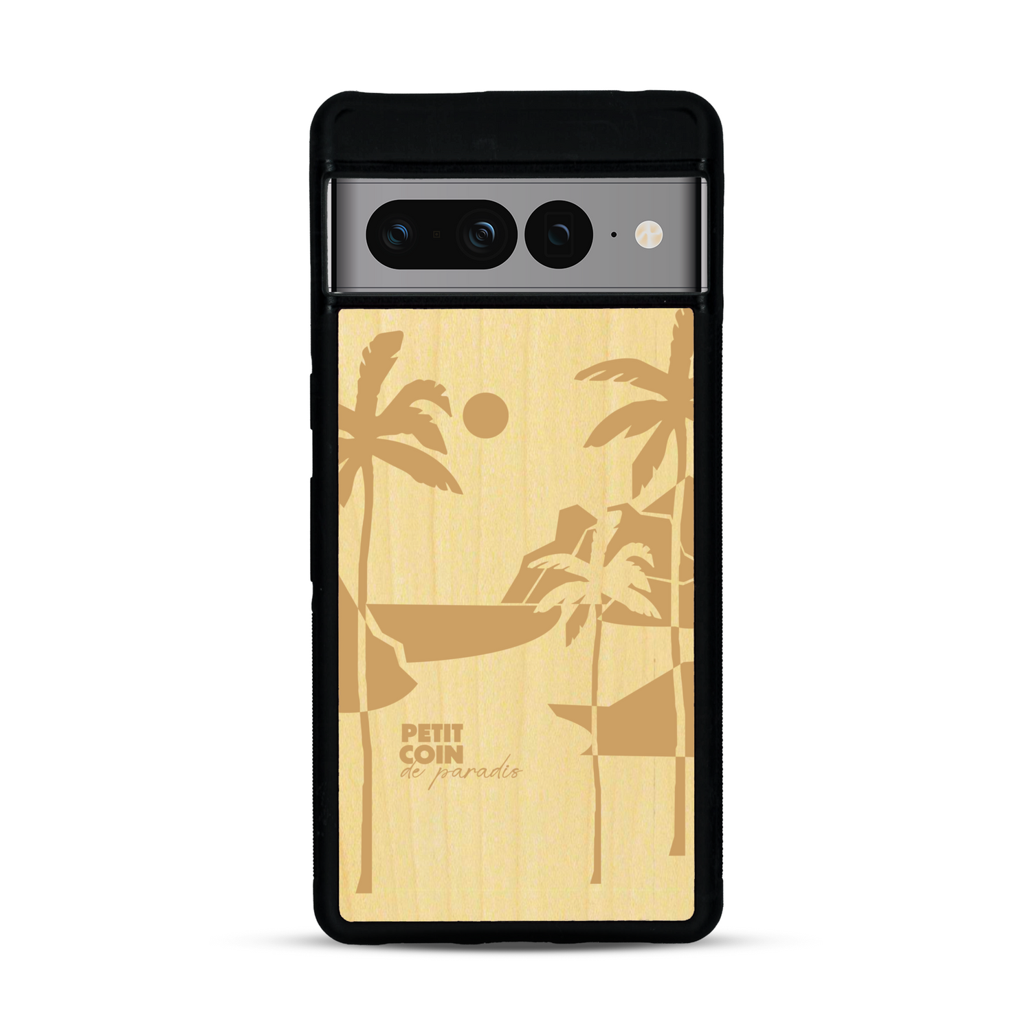 Coque de protection en bois véritable fabriquée en France pour  sur le thème des voyages en vans, vanlife et chill avec une gravure représentant un van vw combi devant le soleil couchant sur une plage avec des vagues