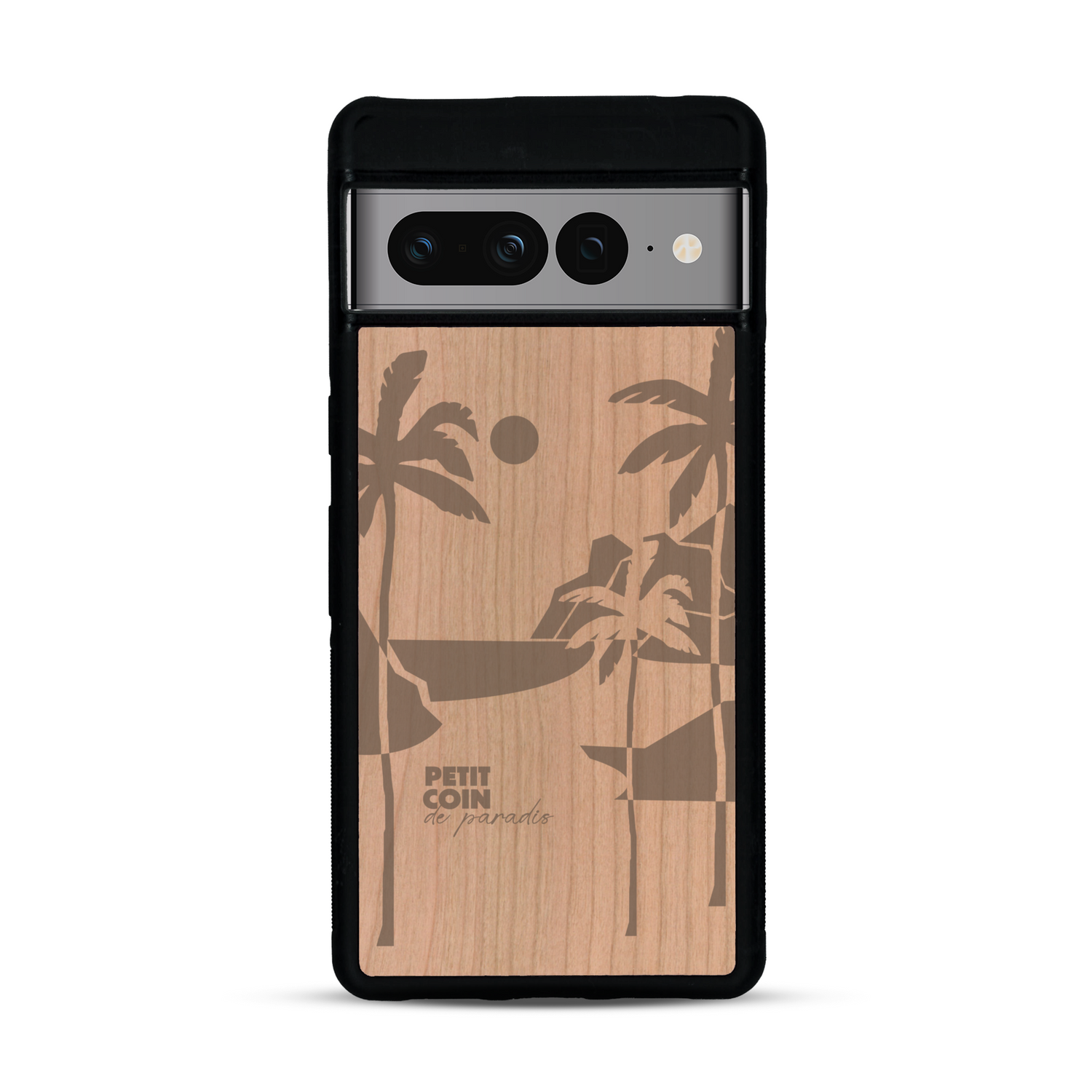 Coque de protection en bois véritable fabriquée en France pour  sur le thème des voyages en vans, vanlife et chill avec une gravure représentant un van vw combi devant le soleil couchant sur une plage avec des vagues
