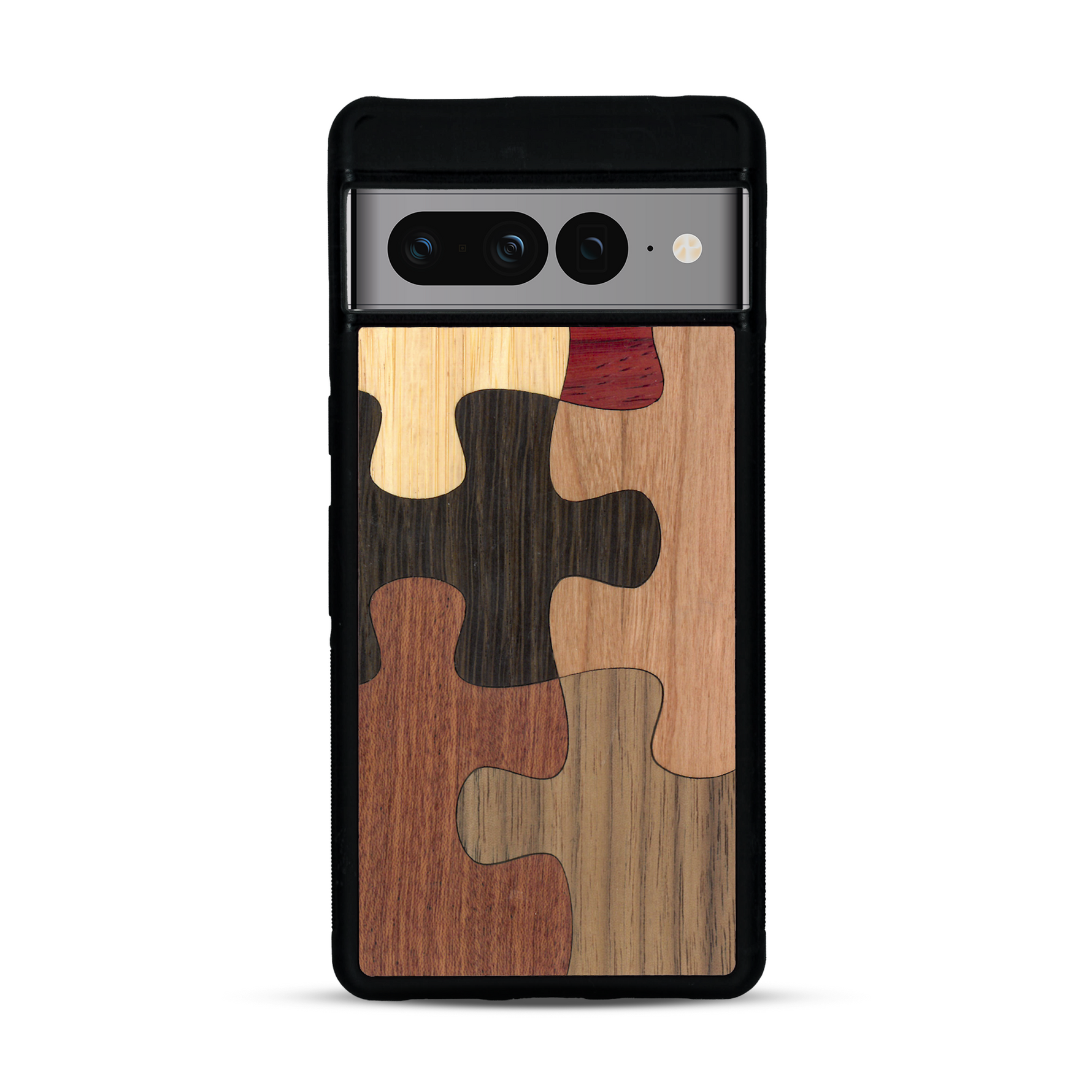 Coque de protection en bois véritable fabriquée en France pour  représentant un puzzle en six pièces qui allie du chêne fumé, du noyer, du bambou, du padouk, du merisier et de l'acajou