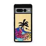 Coque de protection en bois véritable fabriquée en France pour Google Pixel 7pro représentant un tigre coloré avec un design moderne et minimaliste sur le thème de la jungle et de la nature