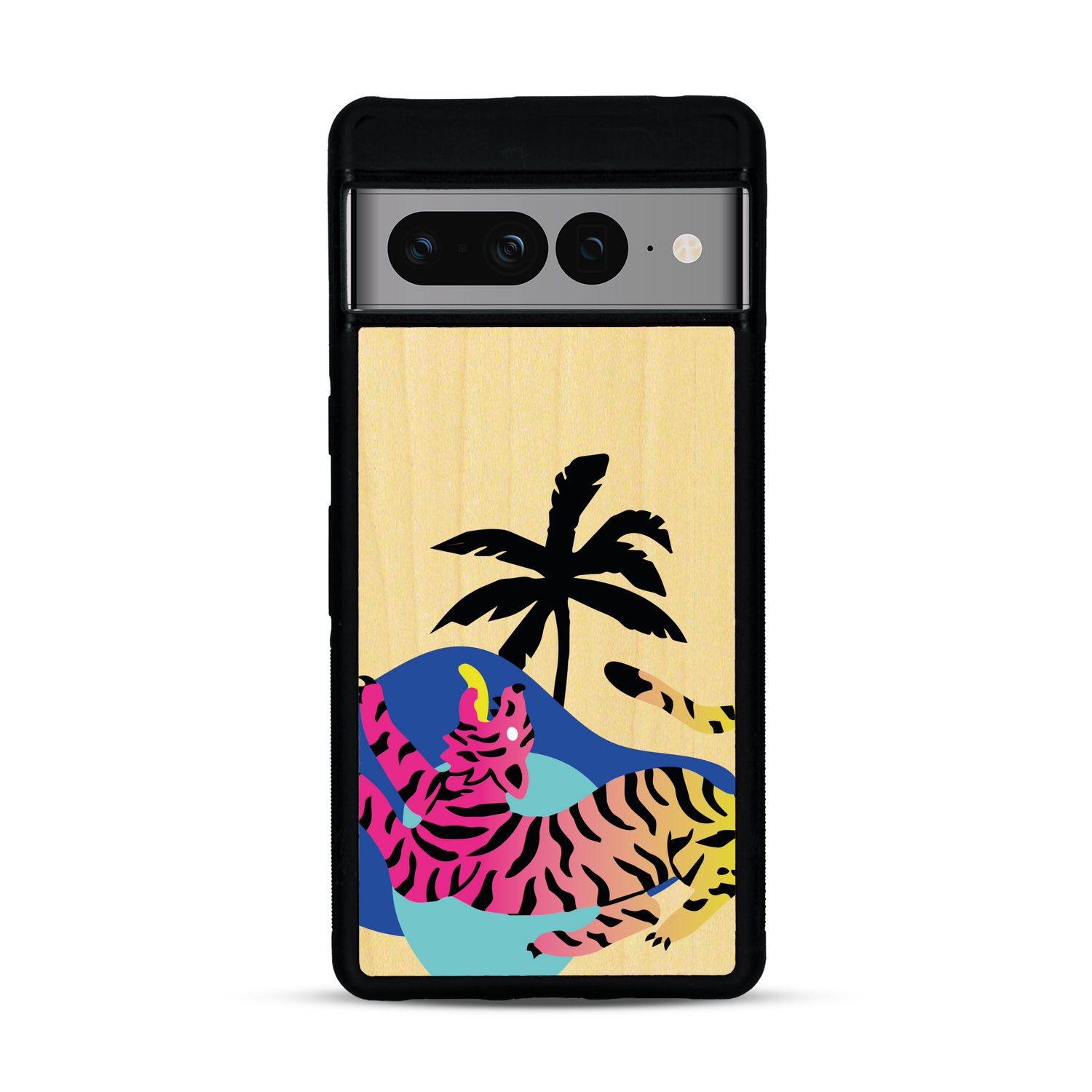 Coque de protection en bois véritable fabriquée en France pour Google Pixel 7pro représentant un tigre coloré avec un design moderne et minimaliste sur le thème de la jungle et de la nature