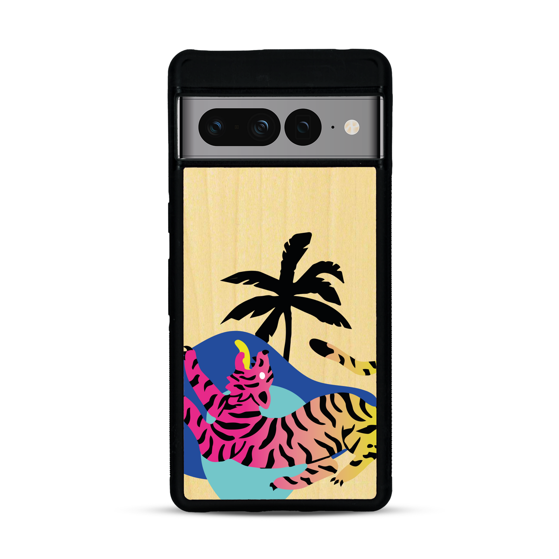 Coque de protection en bois véritable fabriquée en France pour Google Pixel 7pro représentant un tigre coloré avec un design moderne et minimaliste sur le thème de la jungle et de la nature