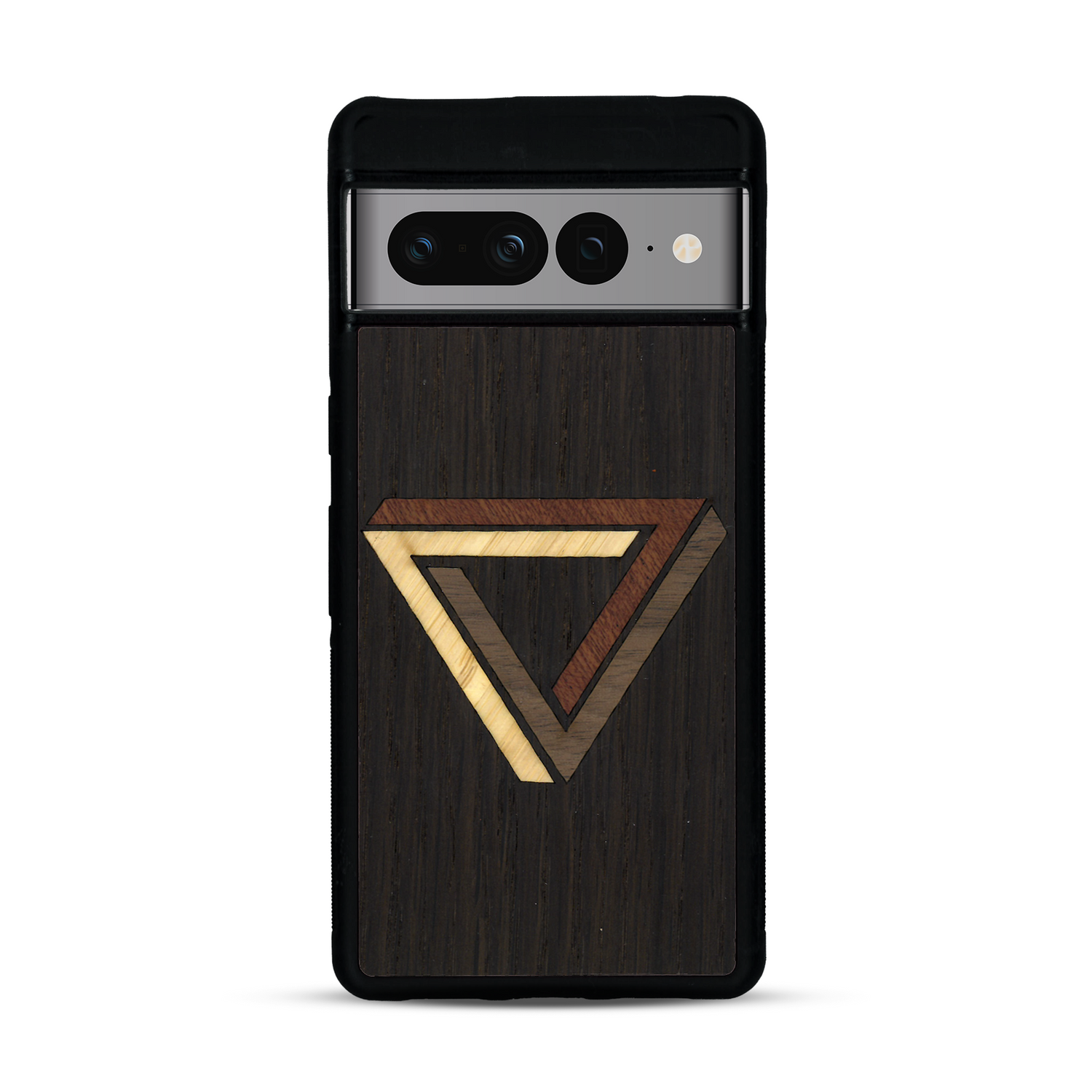 Coque de protection en bois véritable fabriquée en France pour  sur le thème de l'art géométrique qui allie du chêne fumé, du noyer, du bambou et du padouk représentant le triangle de penrose