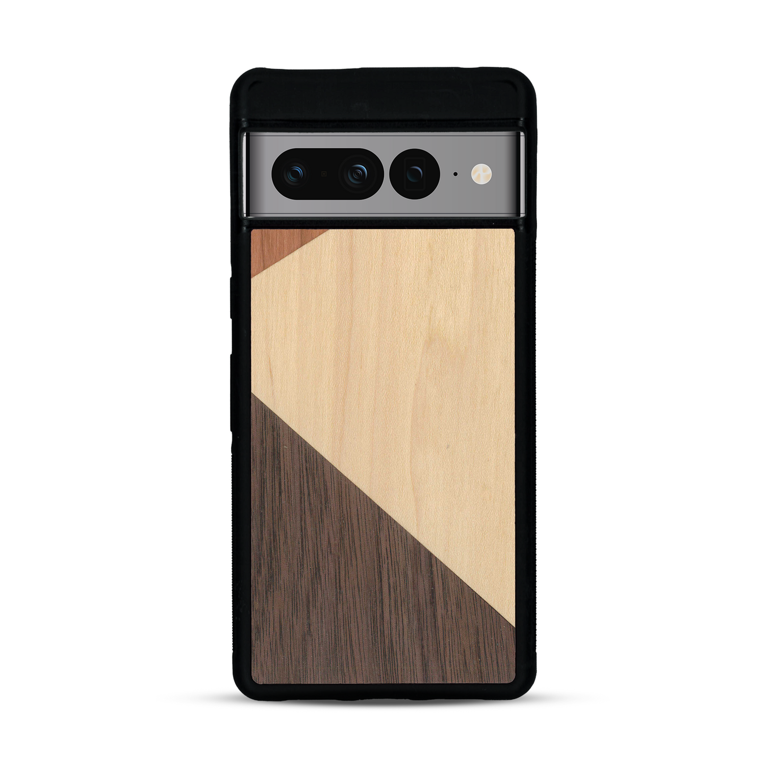Coque de protection en bois véritable fabriquée en France pour  alliant du merisier, du noyer et du bambou formant chacun deux triangles et un trapèze avec deux jointures en diagonale sur le thème de l'art abstrait